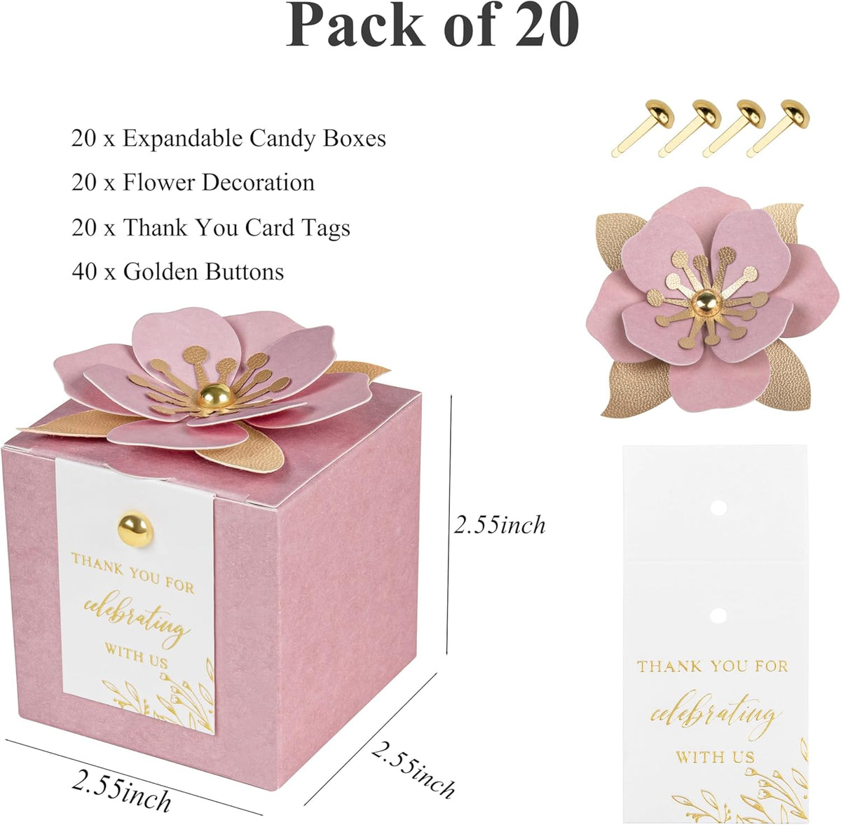 FEIYI 20 PCS Favor Boxes, 3 In 1 Dusty Rose Candy Boxes with Floral Decor, White Thank You Tags