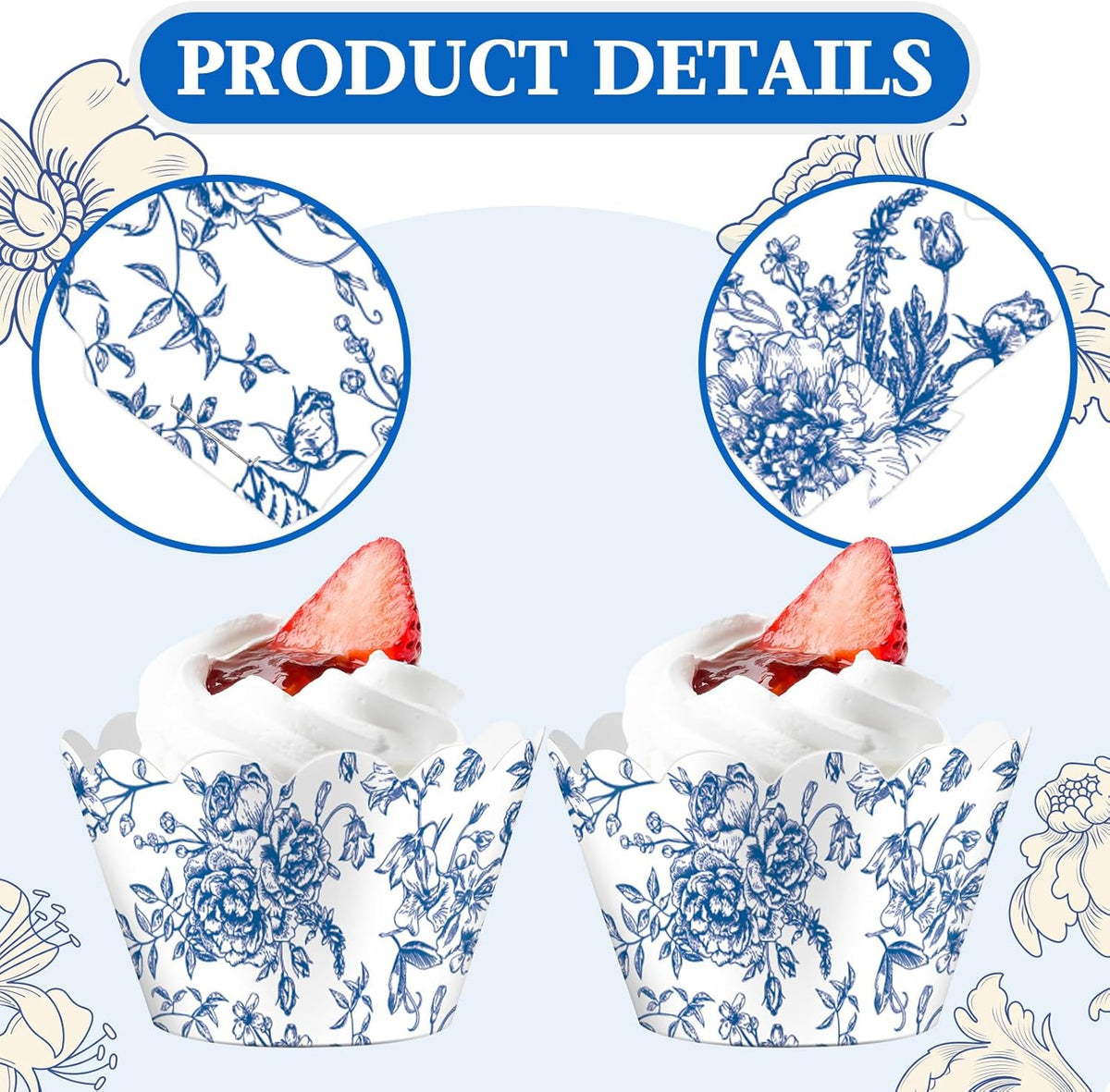 Domensi 100 Pcs Blue Floral Cupcake Wrappers Rustic Cupcake Liners Baking Cups Baking Liners for