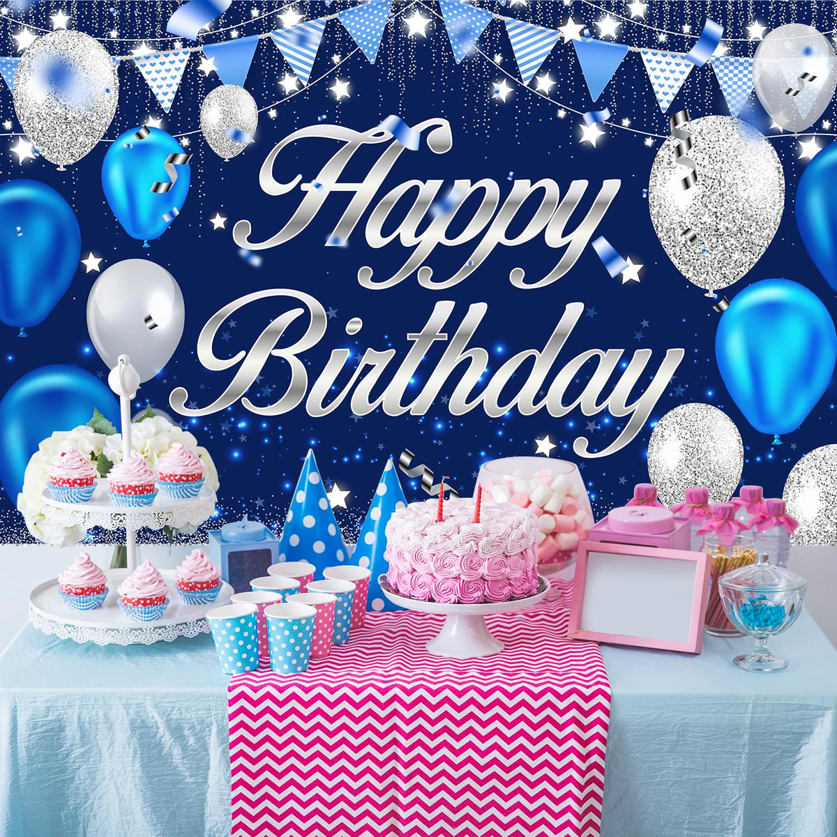 MDCGFOD Happy Birthday Banner - Birthday Decorations for Men Women Boys Girls Blue Sliver Birthday