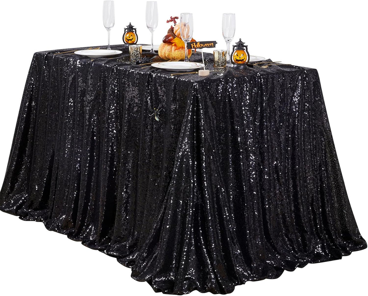 QueenDream Black Sequin Tablecloth 60" x 102" Black Table Cloth Rectangle Glitter Tablecloth for