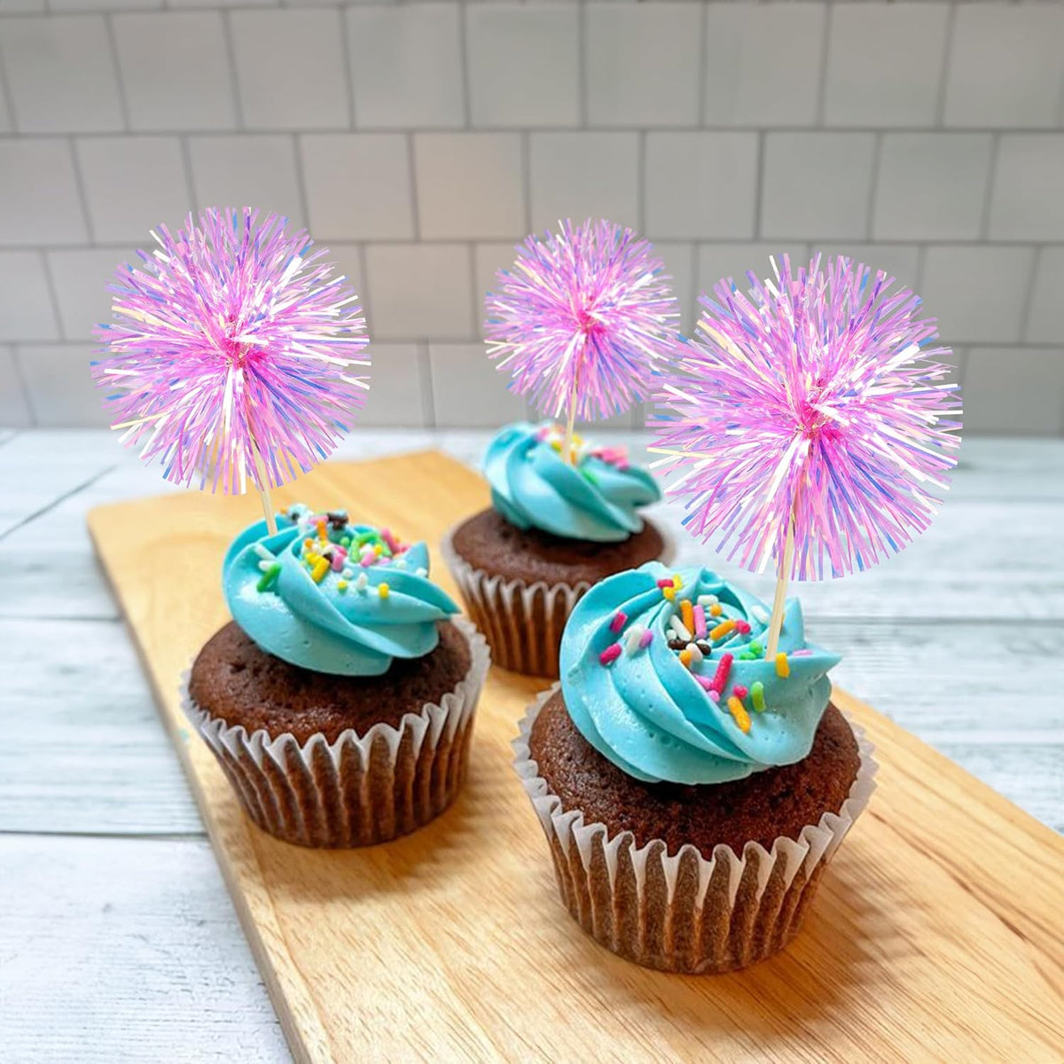 Ephlyn 30Pcs Foil Firework Cupcake Toppers Party Birthday Cake Toppers Supplies Sparkle Tinsel