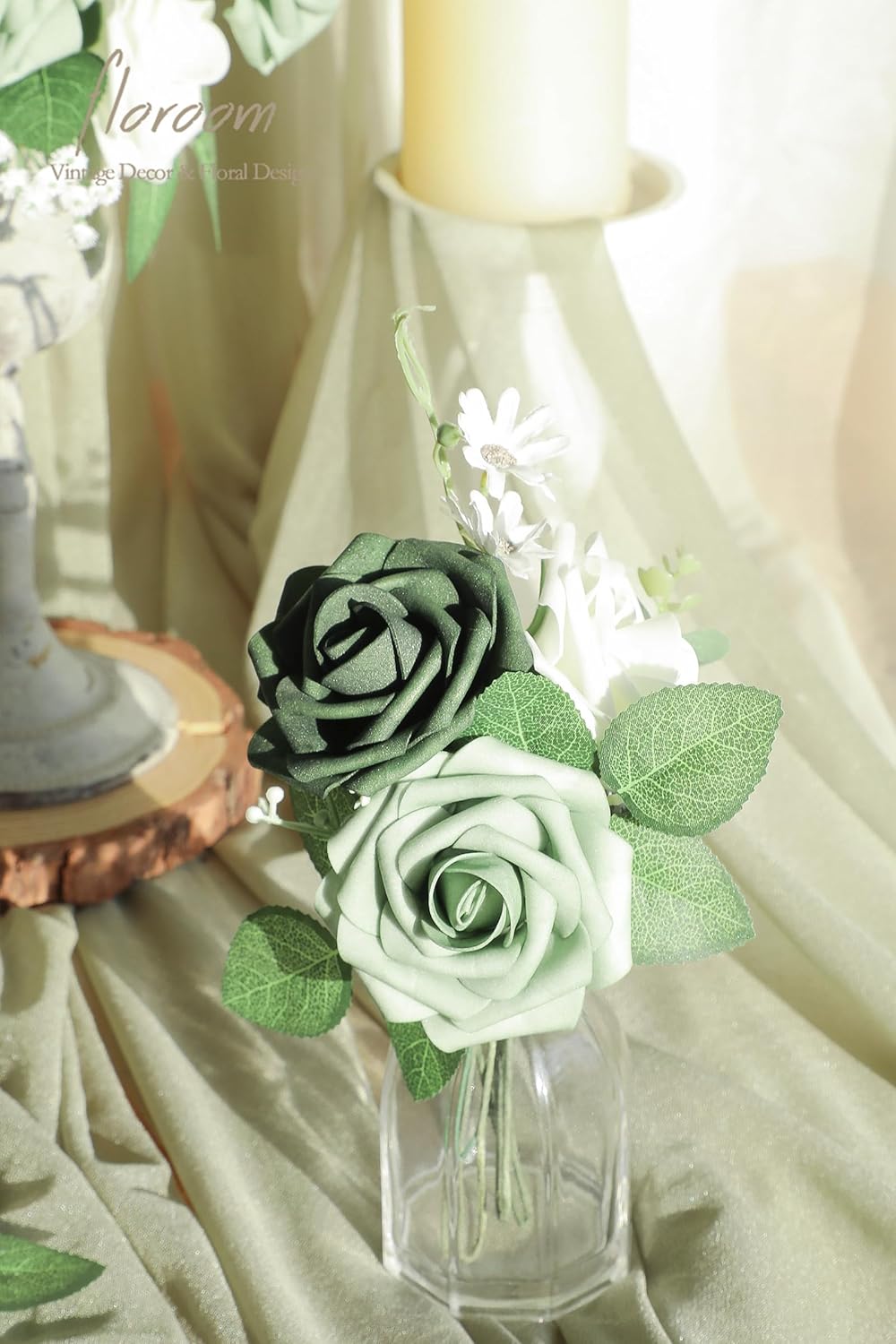 Floroom Artificial Flowers 25pcs Real Looking Sage Green & Emerald Green Foam Fake Roses with Stems