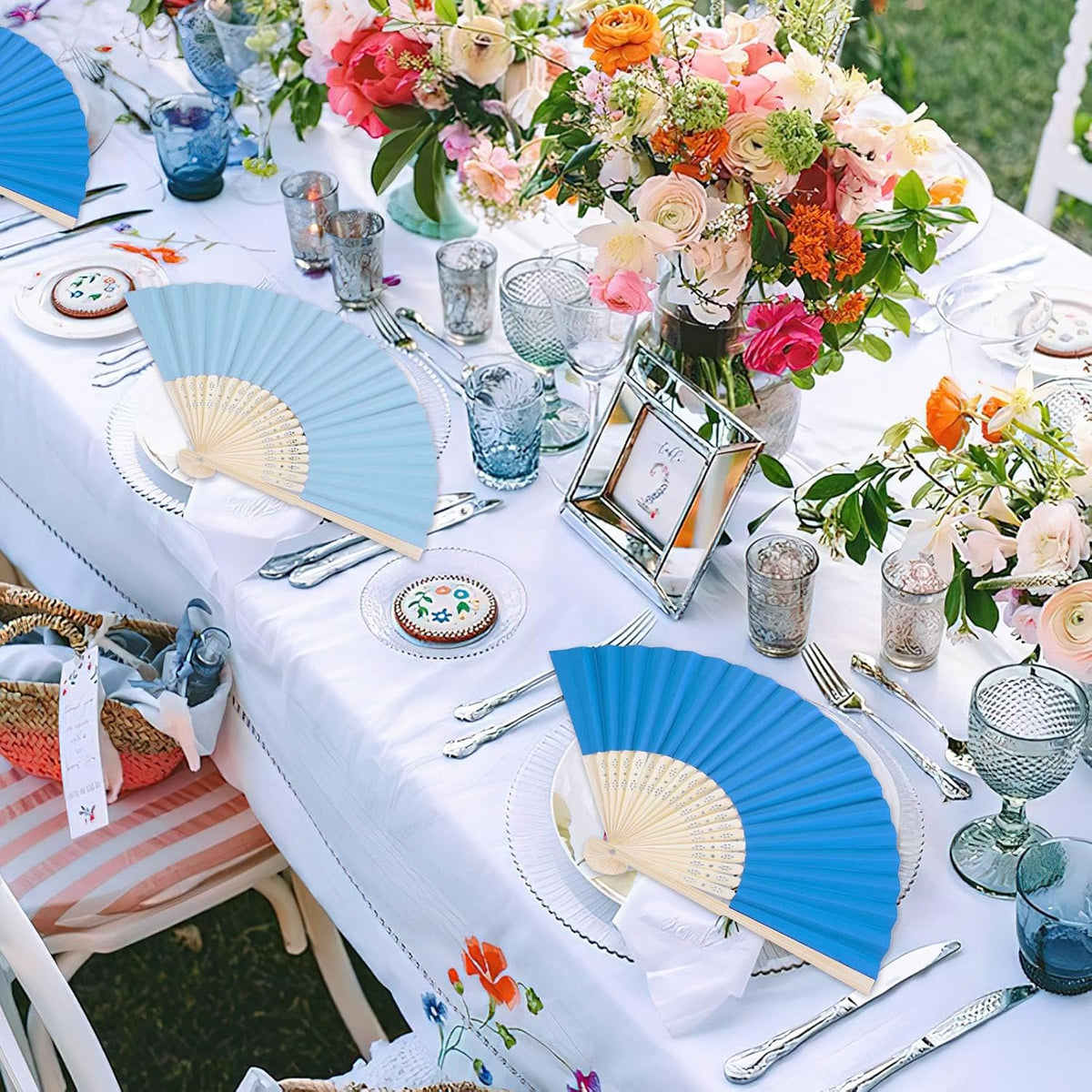 JOHOUSE 12Pcs Blue Paper Folding Hand Fans, 8.3 Inch Handheld Portable Decorative Fans for Wedding
