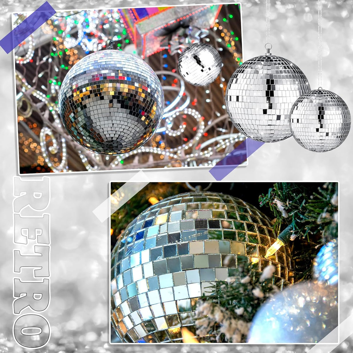 Haull 8 Pcs Large Disco Ball Set Silver Mirror Disco Reflective Ball with Hanging Ring Party