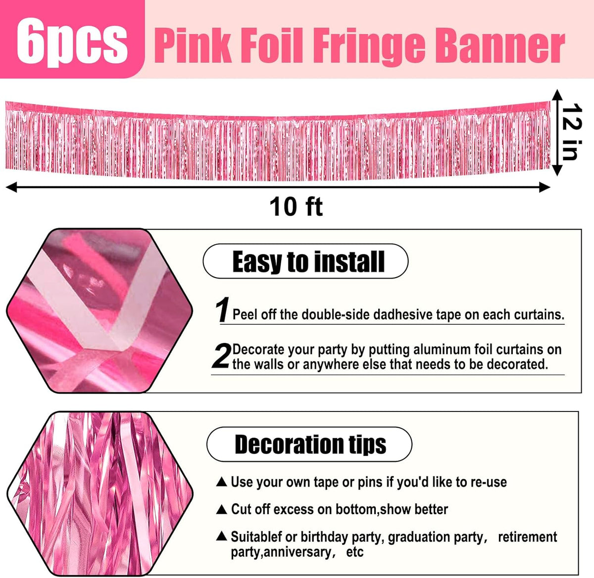 6 Pack 10 Feet Pink Foil Fringe Garland Metallic Tinsel Streamers Banner Wall Hanging Curtain