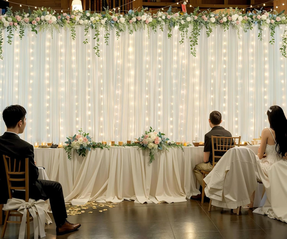 Ivory Tulle Backdrop Curtains with Lights String for Parites Wedding 20×8ft Ivory Sheer Backdrop