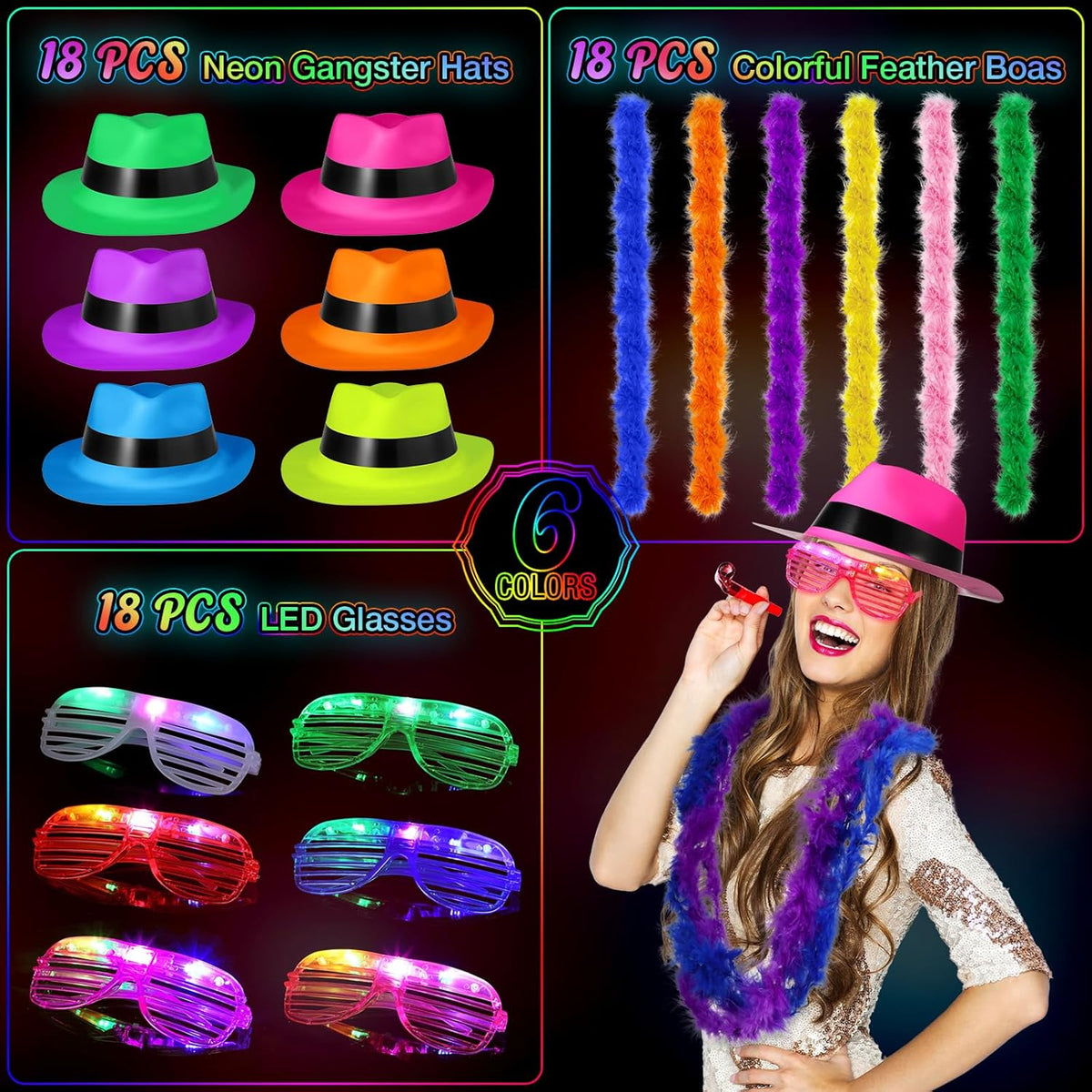 54 Pieces Neon Party Supplies Glow in The Dark Parties Supplies 18 Pcs Neon Gangster Party Hats 18
