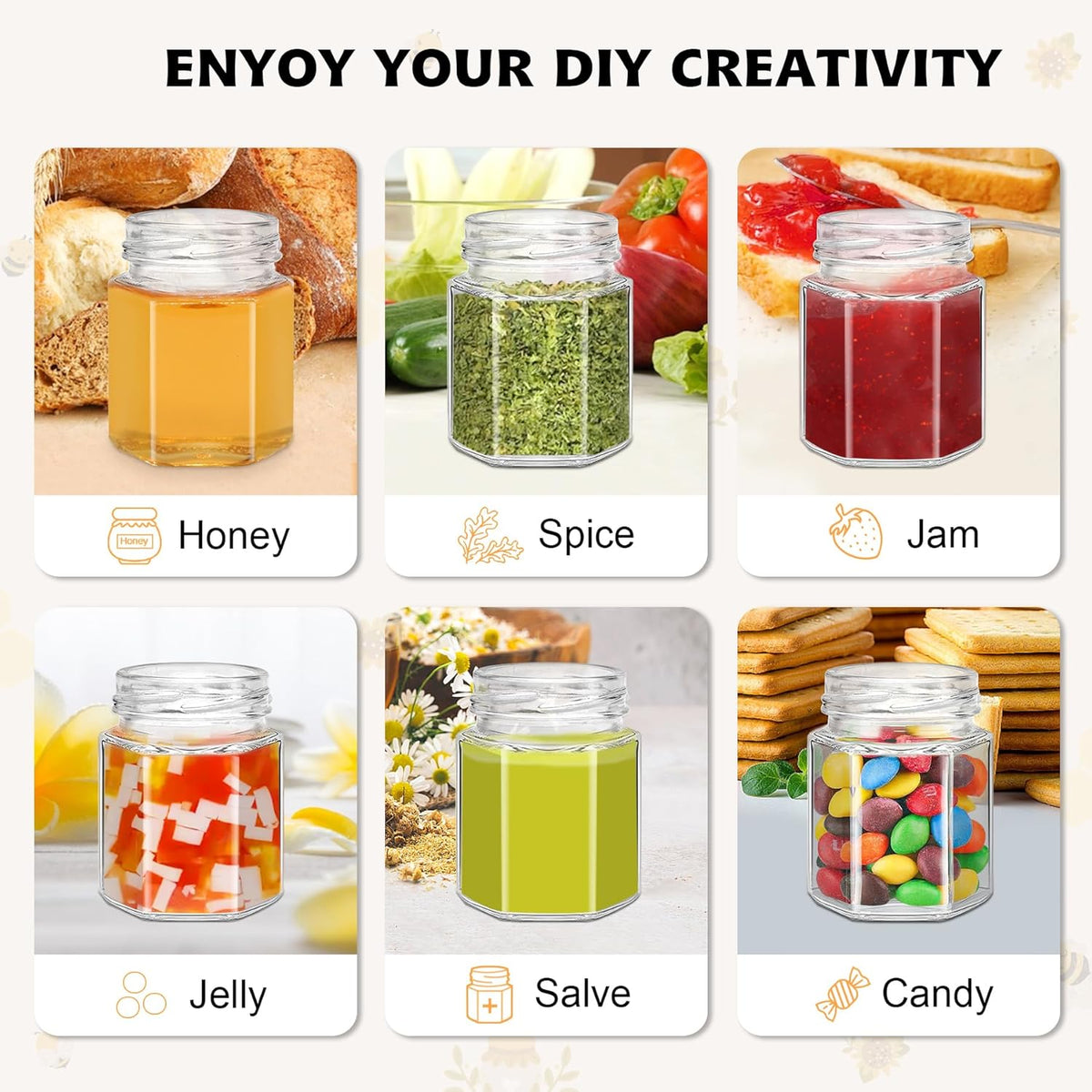 70 Pack 3 oz Mini Hexagon Glass Honey Jars with Dippers, Gold Lids, Bee Stickers, Bee Charms, Gift