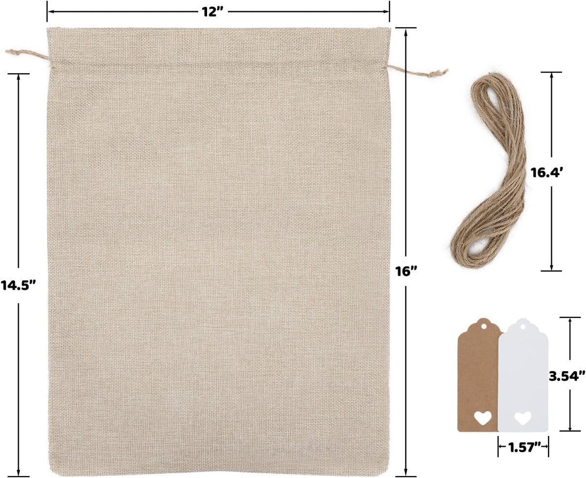 Tapleap Burlap Gift Bags with Drawstring - 10Pcs 12x16 Original Sacks with String and Tags for
