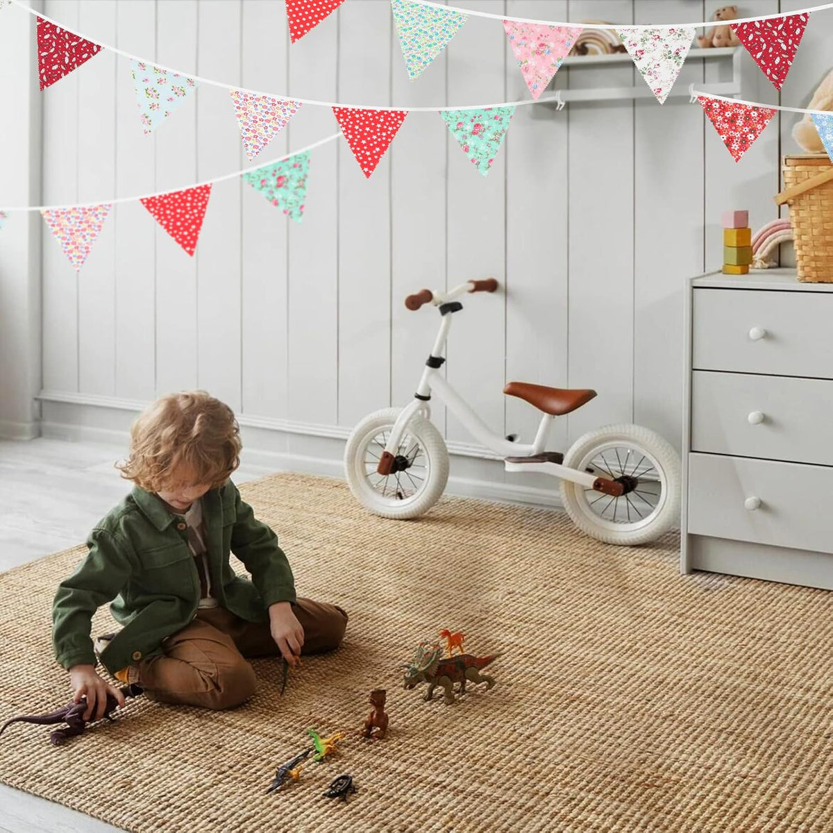 jijAcraft 39Ft Triangle Bunting Banner, 42Pcs Tea Floral Party Bunting Cotton Fabric Flags Pennant