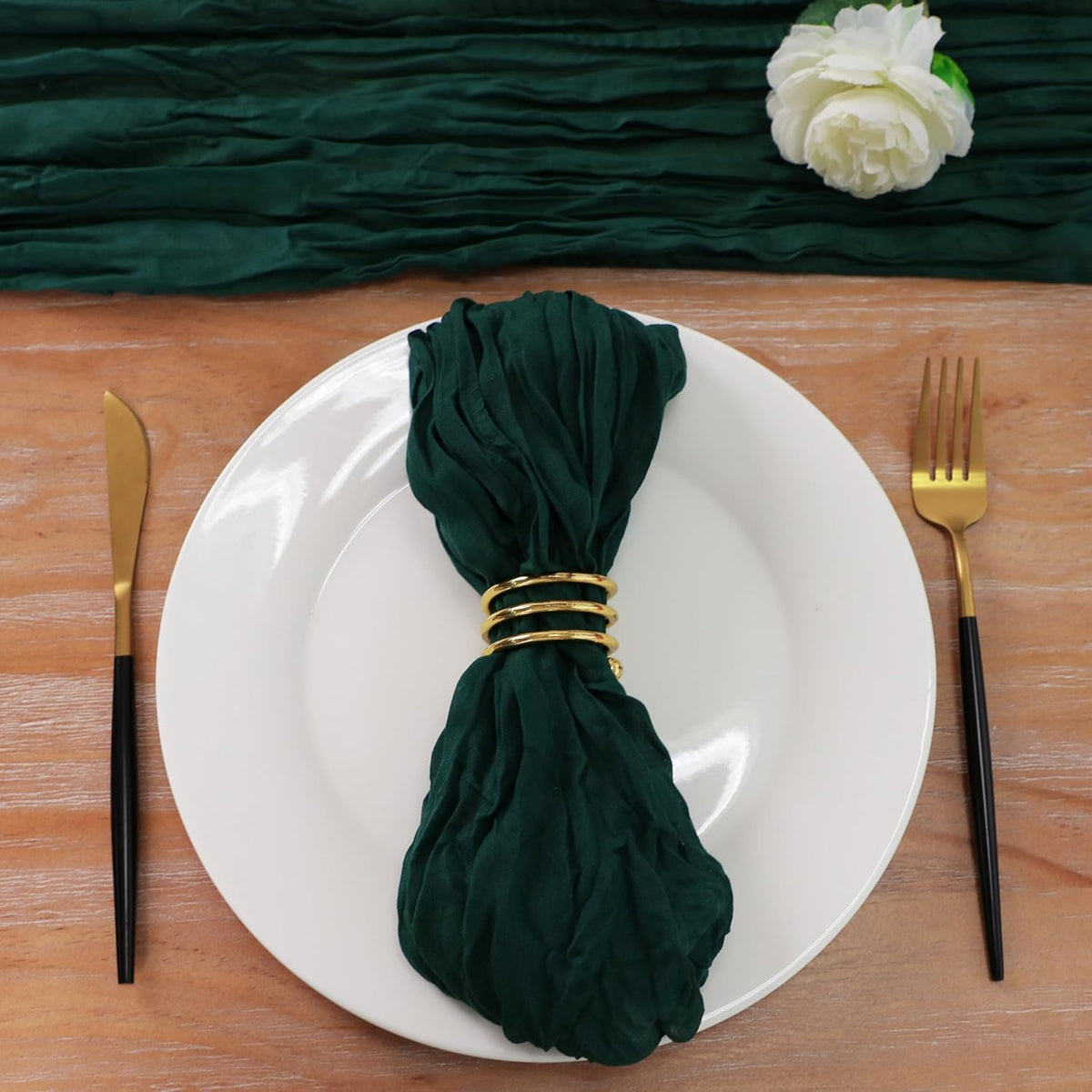 Snowkingdom 6 PCS Emerald Green Table Runner 120 Inch 10 Ft Rustic Boho Dark Green Cheese Cloth