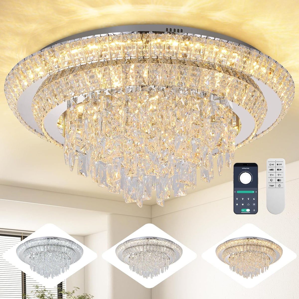 24 inch Crystal Silver Ceiling-Light Flush Mount with Remote Control and APP, 3CCT Dimmable &