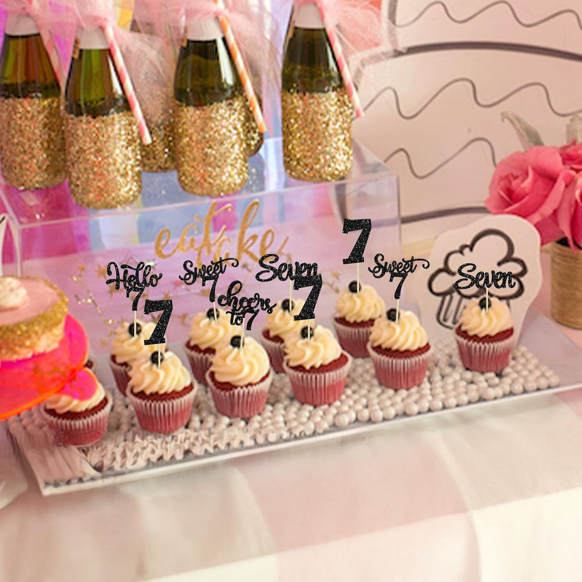 30Pcs 7th Birthday Cupcake Toppers Glitter Seven Happy 7 Cupcake Picks Cheers to 7 Years Old Cake