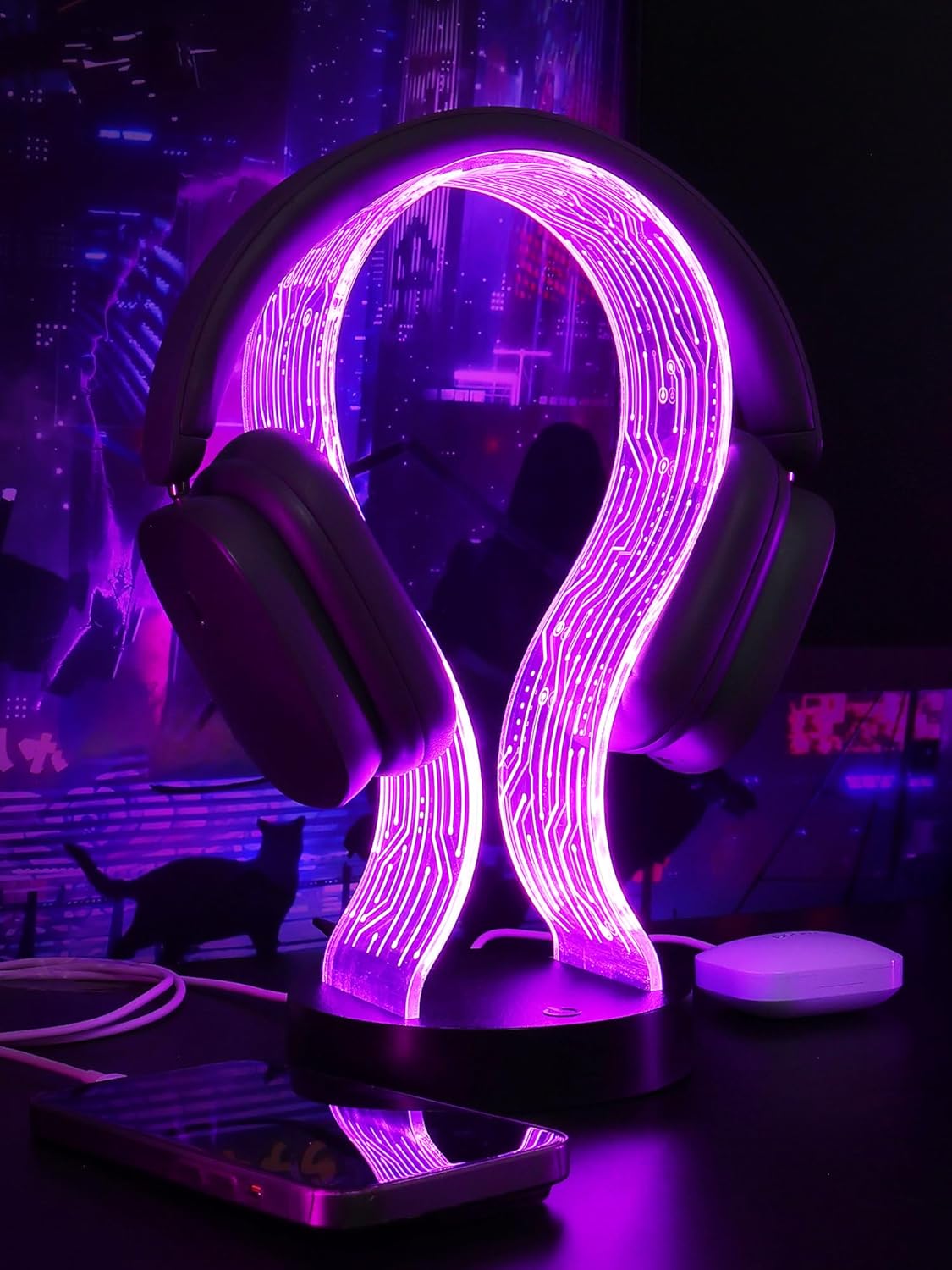 Light Up Headphone Stand with 16 Color Lights, PCB Pattern Acrylic Headset Stand with 1 USB and 1