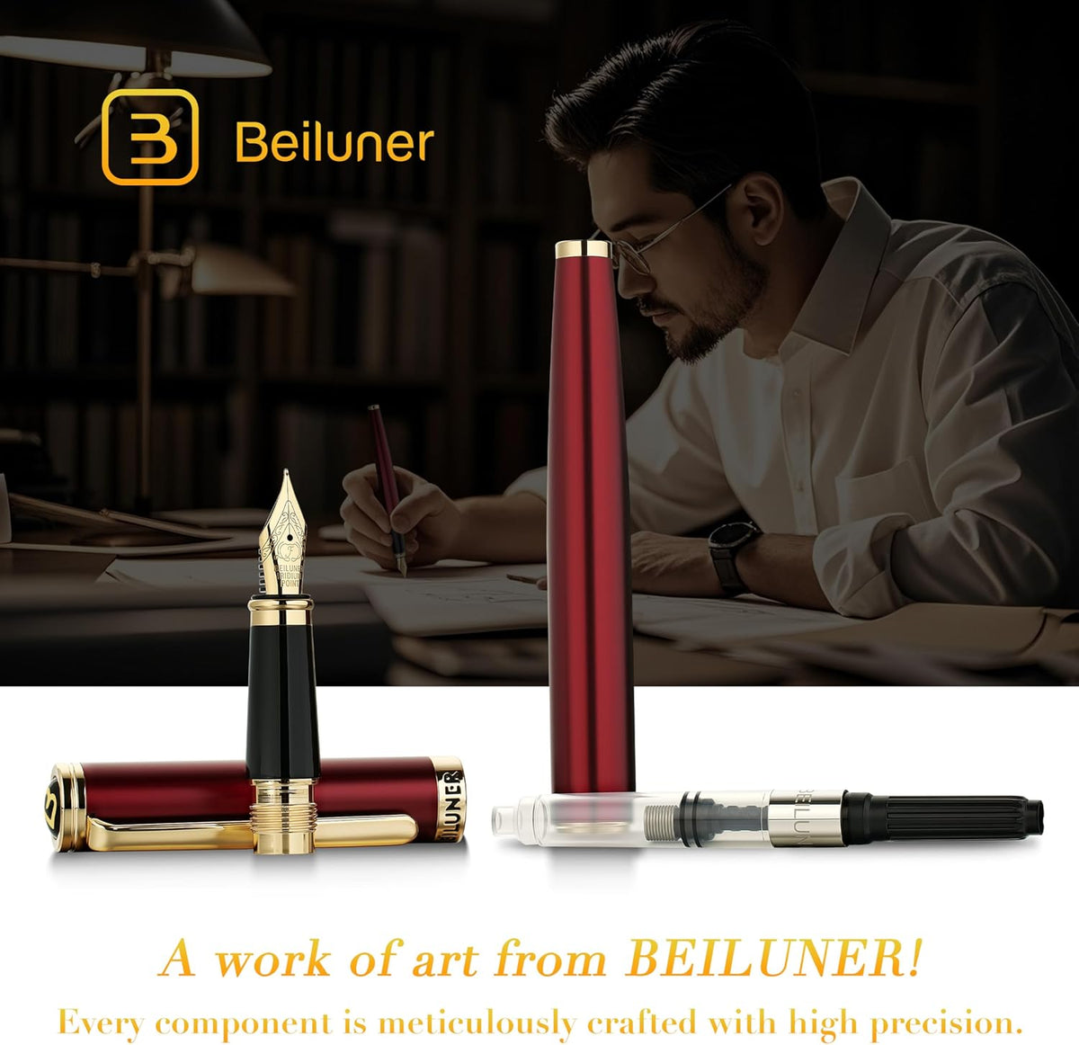 BEILUNER Red Fountain Pen,Stunning Luxury Pens with 24K Gold Finish, Gorgeous 24K Gilded Nib(Fine)