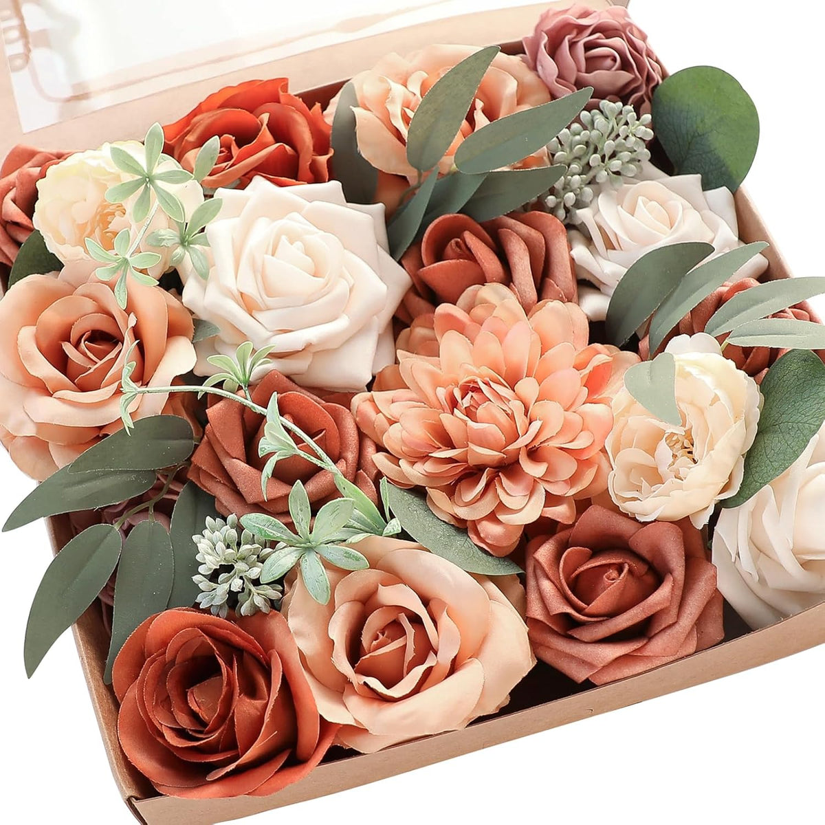 Floroom Terracotta Artificial Flowers Burnt Orange Fake Roses Peonies Dahlia Greenery Combo Box Set