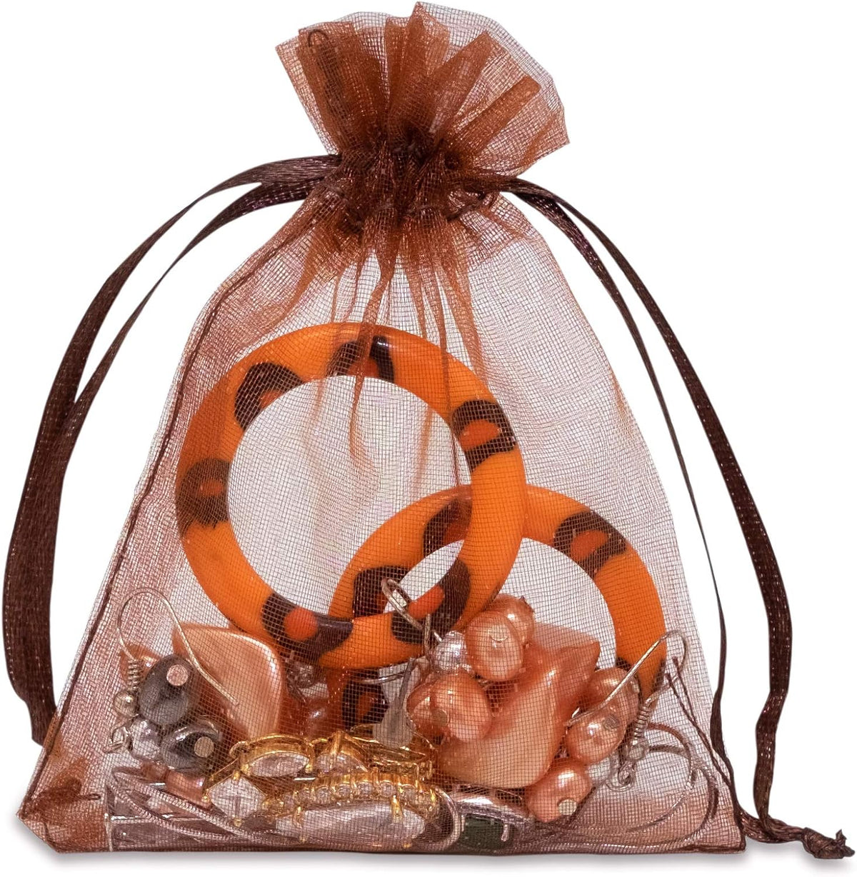 TheDisplayGuys 100-Pack 3x4 Brown Sheer Organza Gift Bags with Drawstring, Jewelry Candy Treat