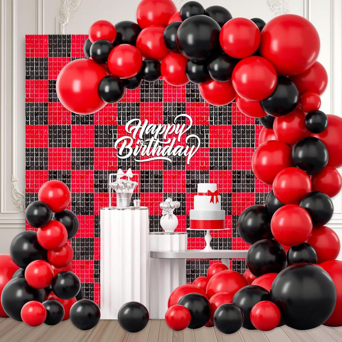 24PCS Black Red Shimmer Wall Backdrop, Square Sequin Photo Backdrops Panel, Glitter Wall Background