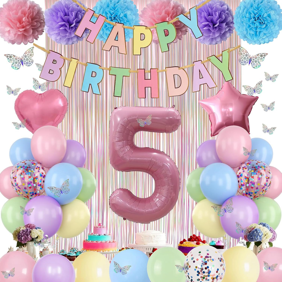Pastel 5th Birthday Party Decorations for Girls Number 5 Balloon Happy Birthday Banner Butterfly