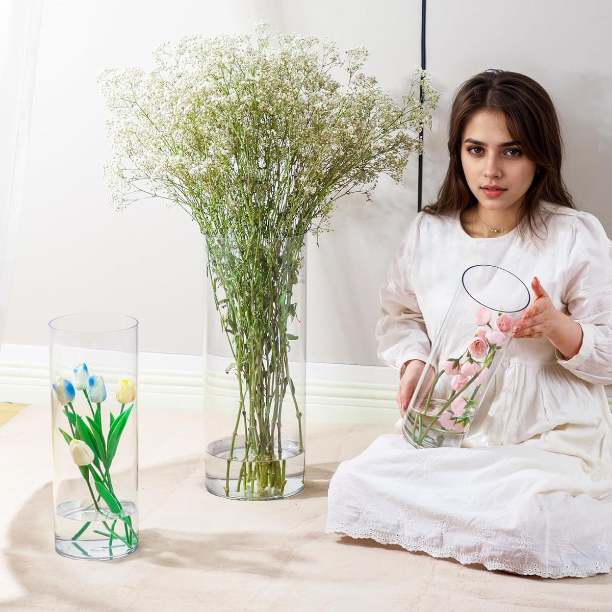 Extra Large Acrylic Cylinder Clear Vase for Floor, Tall Big Wide Mouth Plastic Unbreakable
