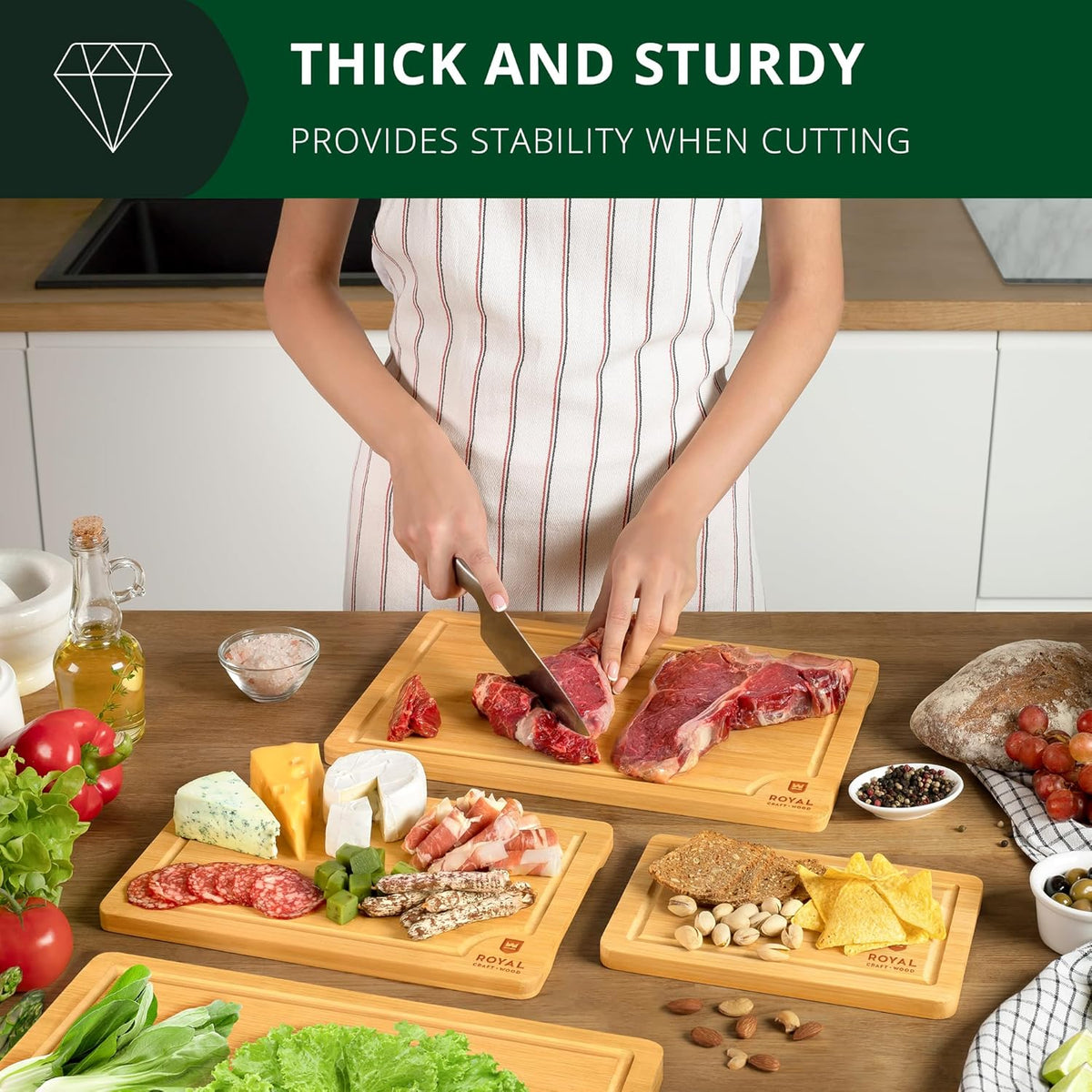 ROYAL CRAFT WOOD Wooden Cutting Boards for Kitchen Meal Prep & Serving - Bamboo Wood Serving Board