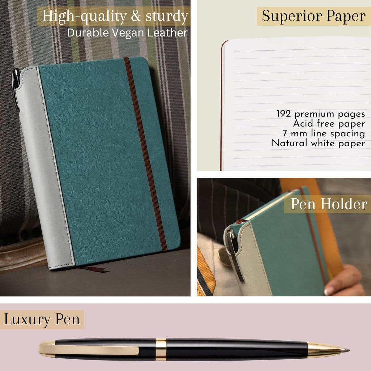 SETTINI® Lined Journal - Sleek Teal Journal for Writing Gift Set - Hardcover Vegan Leather