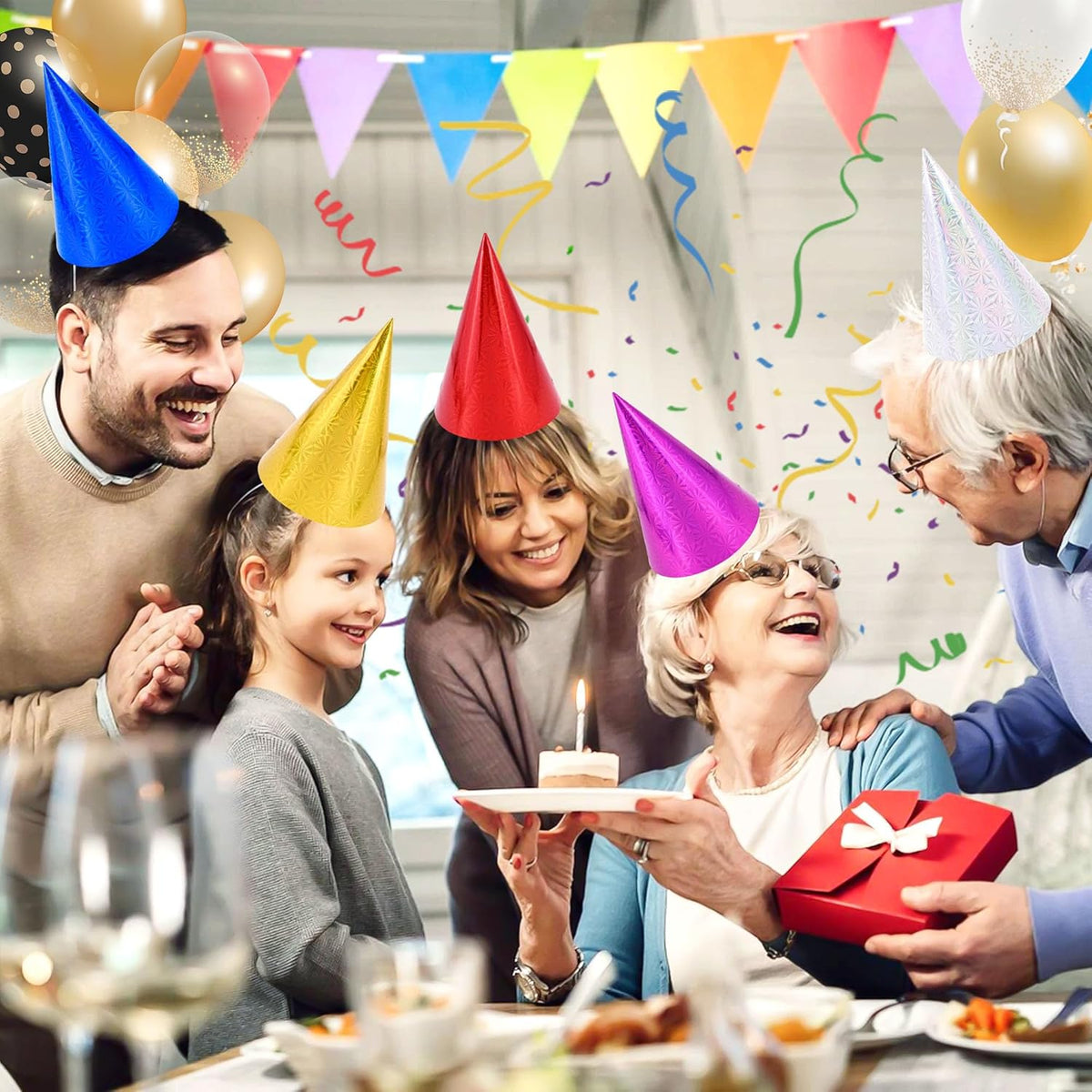 CANREVEL Party Hats for Kids and Adults, Birthday Party Headwear Supplies, Cone Hats Bulk for Girls