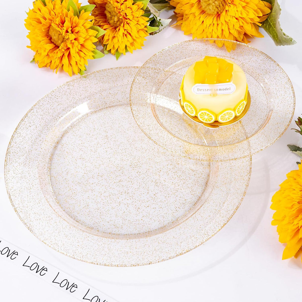 WDF 200PCS Gold Plastic Plates - Gold Glitter Plastic Plates - Heavy Duty Gold Glitter Disposable