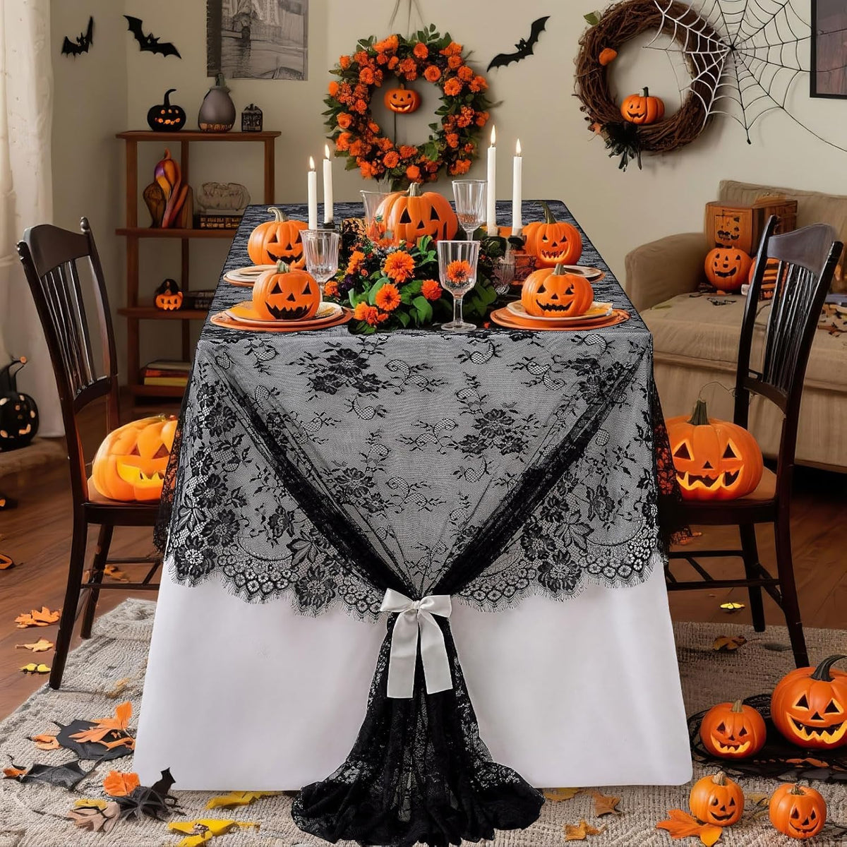 Black Lace Tablecloth Halloween Table Fabric 60x120 Inch for Scary Movies Rustic Wedding Bridal