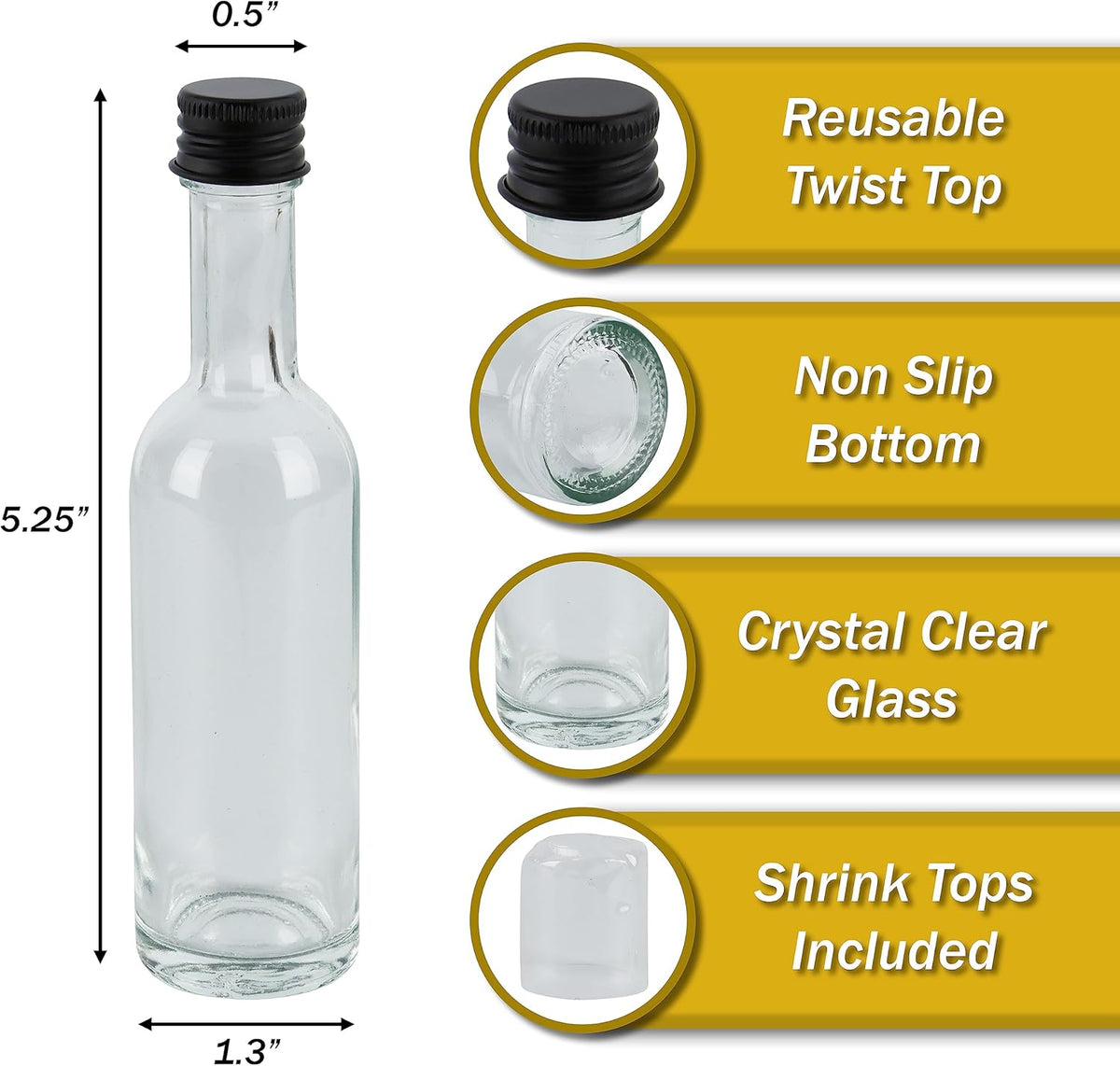 50 ml Mini Small Glass Bottles With Aluminum Lid and Heat Shrinks 24 Pack (Black Caps) for Liquor