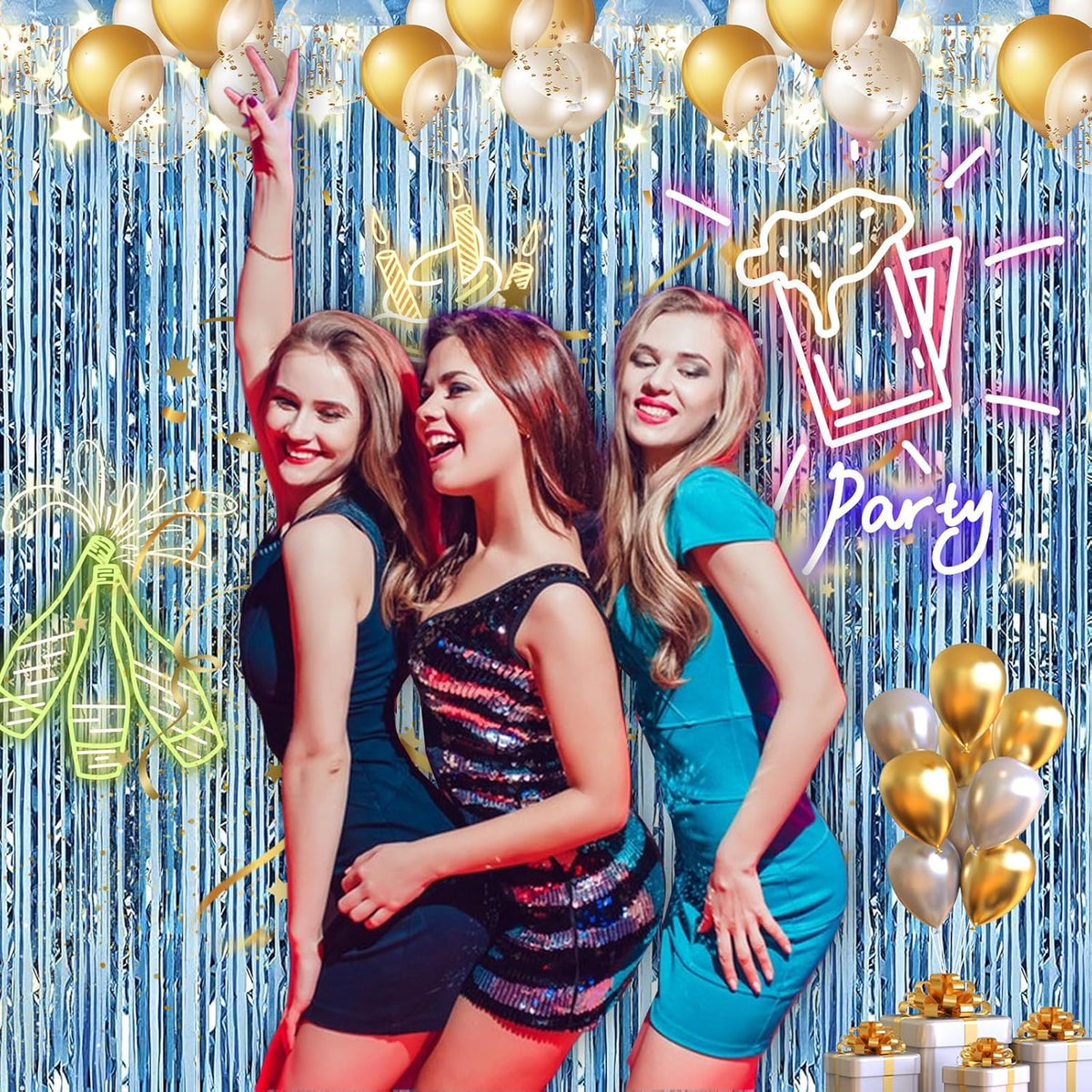 2 Pack 3.28 ft x 6.56 ft Light Blue Tinsel Curtain Party Backdrop - Metallic Foil Fringe Backdrop