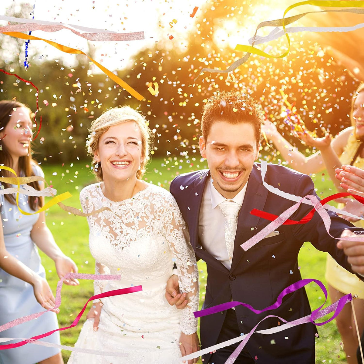 40 Pieces Ribbon Wedding Streamers with Bells, Lace Fairy Stick Wand Party Streamers Chromatic Silk