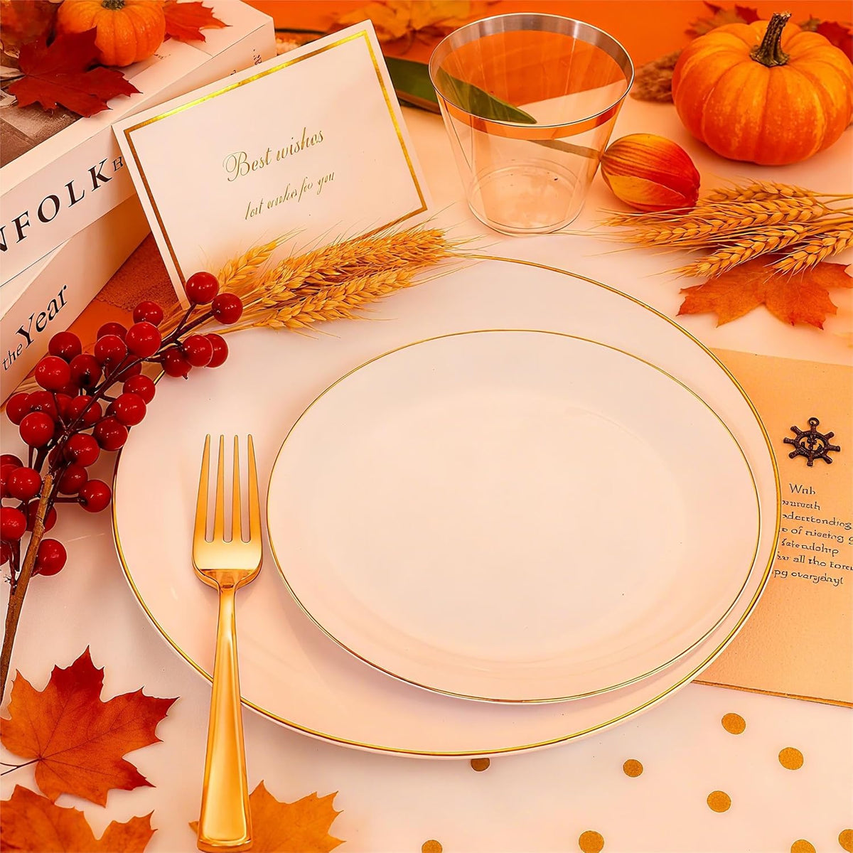 Festiva 176Pcs White and Gold Plastic Plates - White with Gold Rim Fall Dinnerware Set - 25Guest