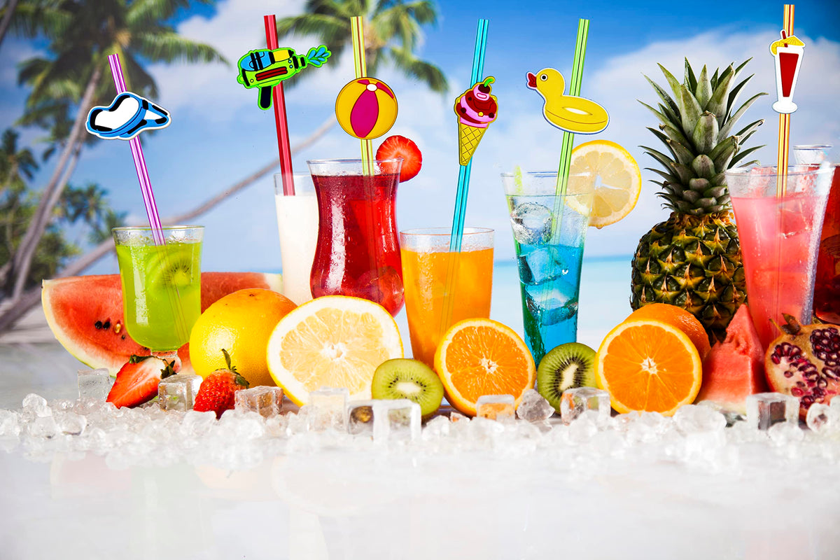 24pcs Beach Party Crazy Straws, Pool Summer Party Favors, 2 Brushes