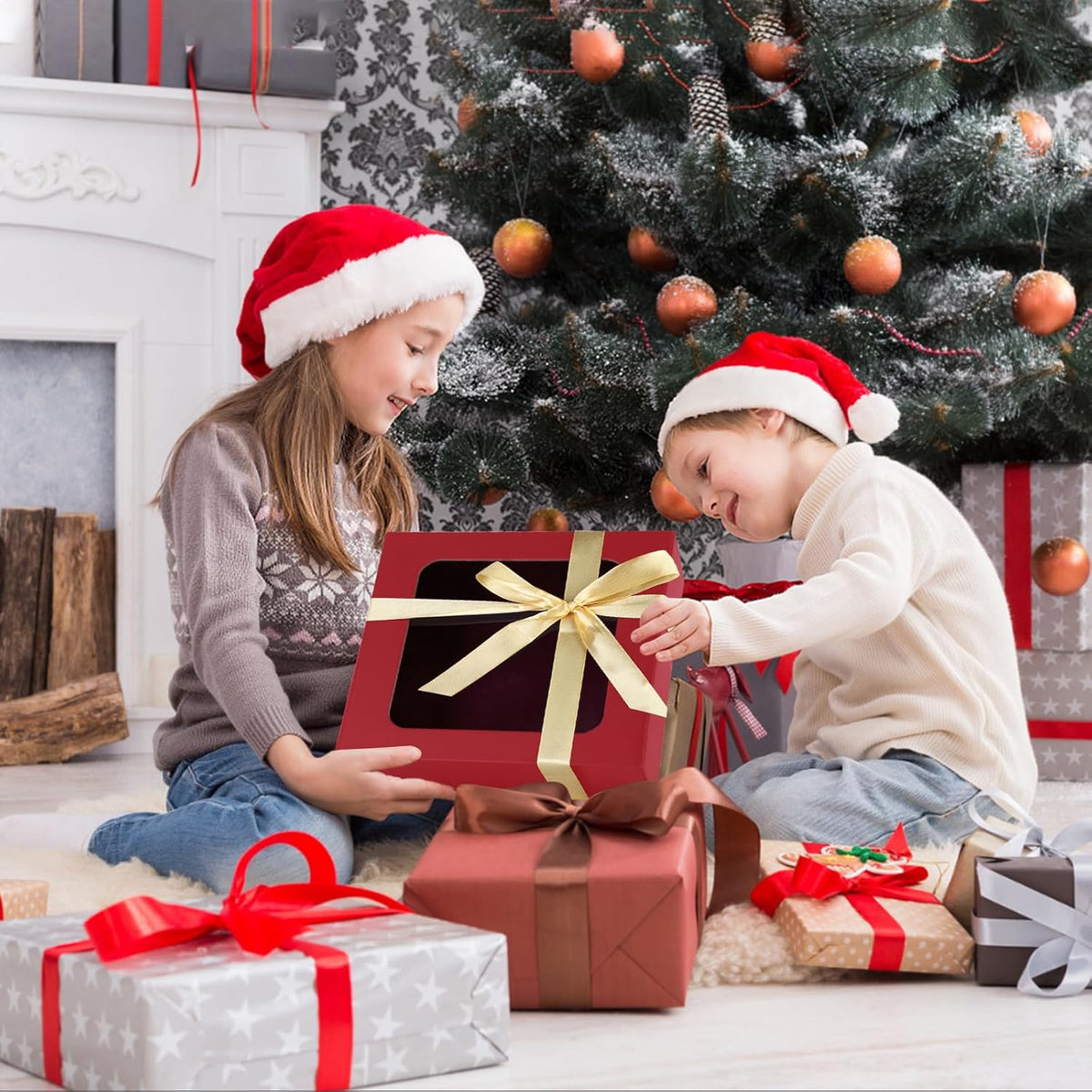 TIACABO Red Gift Box with Window,7.5"x7.5"x3.1" Bridesmaid Boxe for Gifts Giving,Birthday Gift