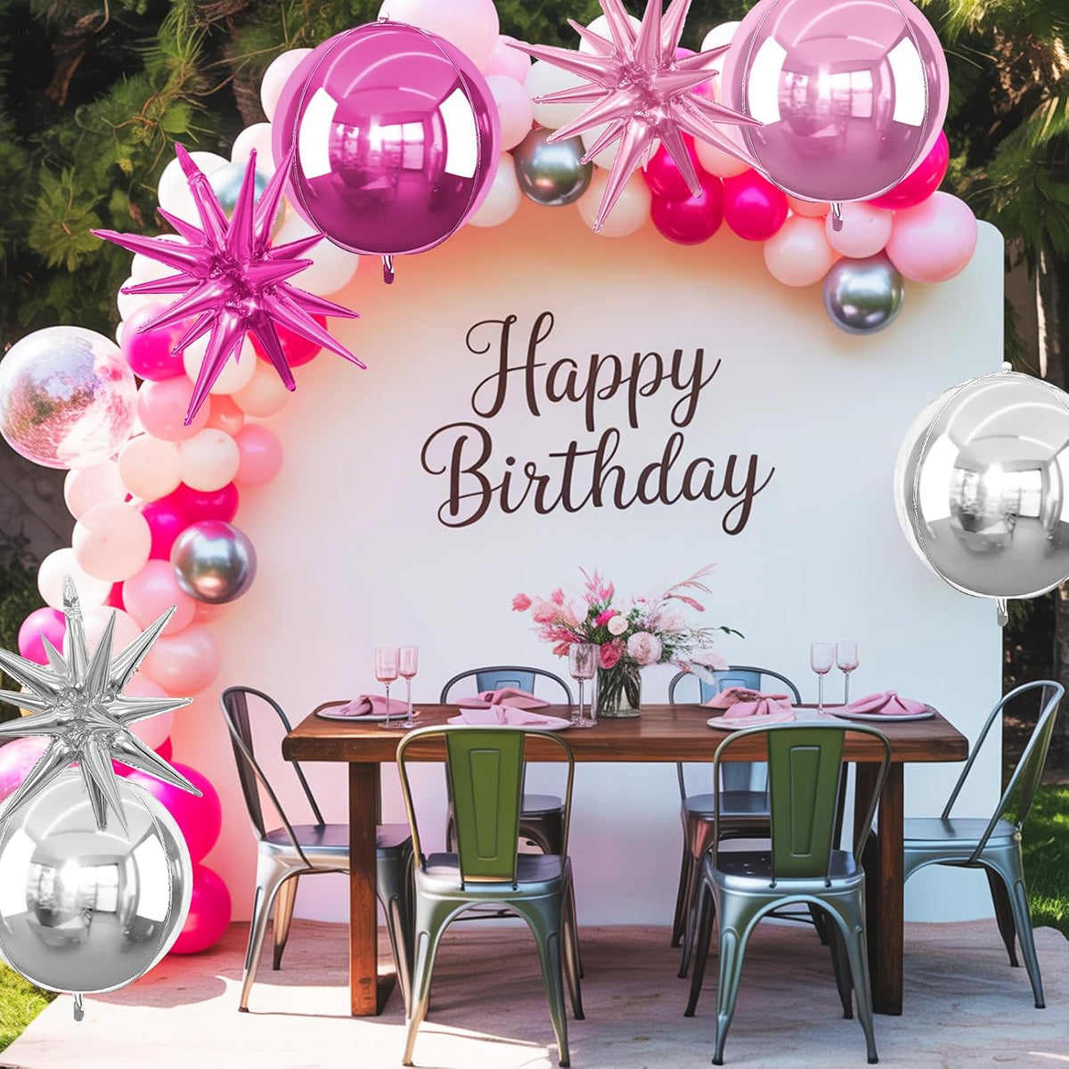6Pcs Pink Silver Foil Balloons,22Inch Hot Pink Silver 4D Round Ball Balloon and Explosion Star