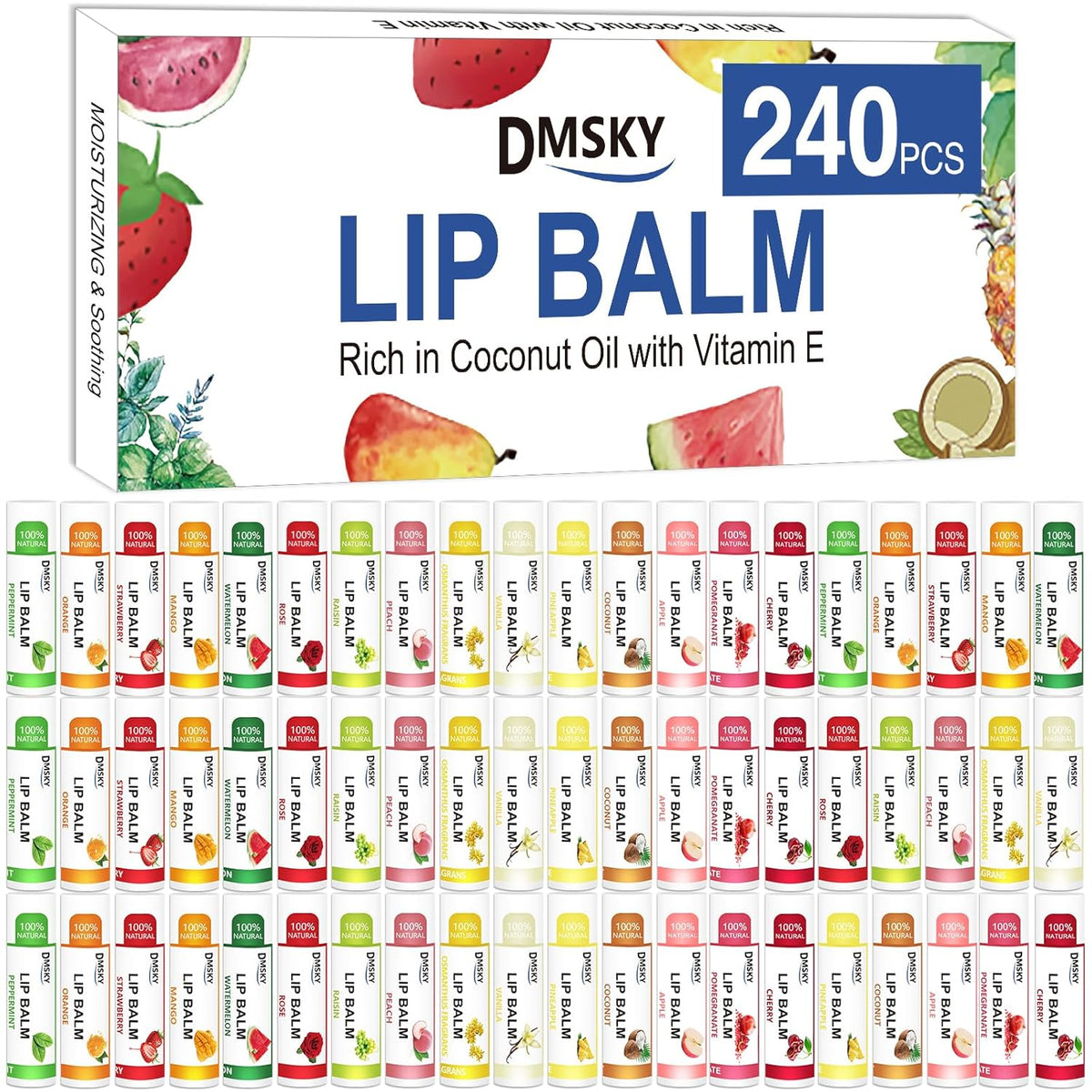 DMSKY 240 Pack Lip Balm, Natural Lip Balm Bulk with Vitamin E and Coconut Oil, Moisturizing Lip