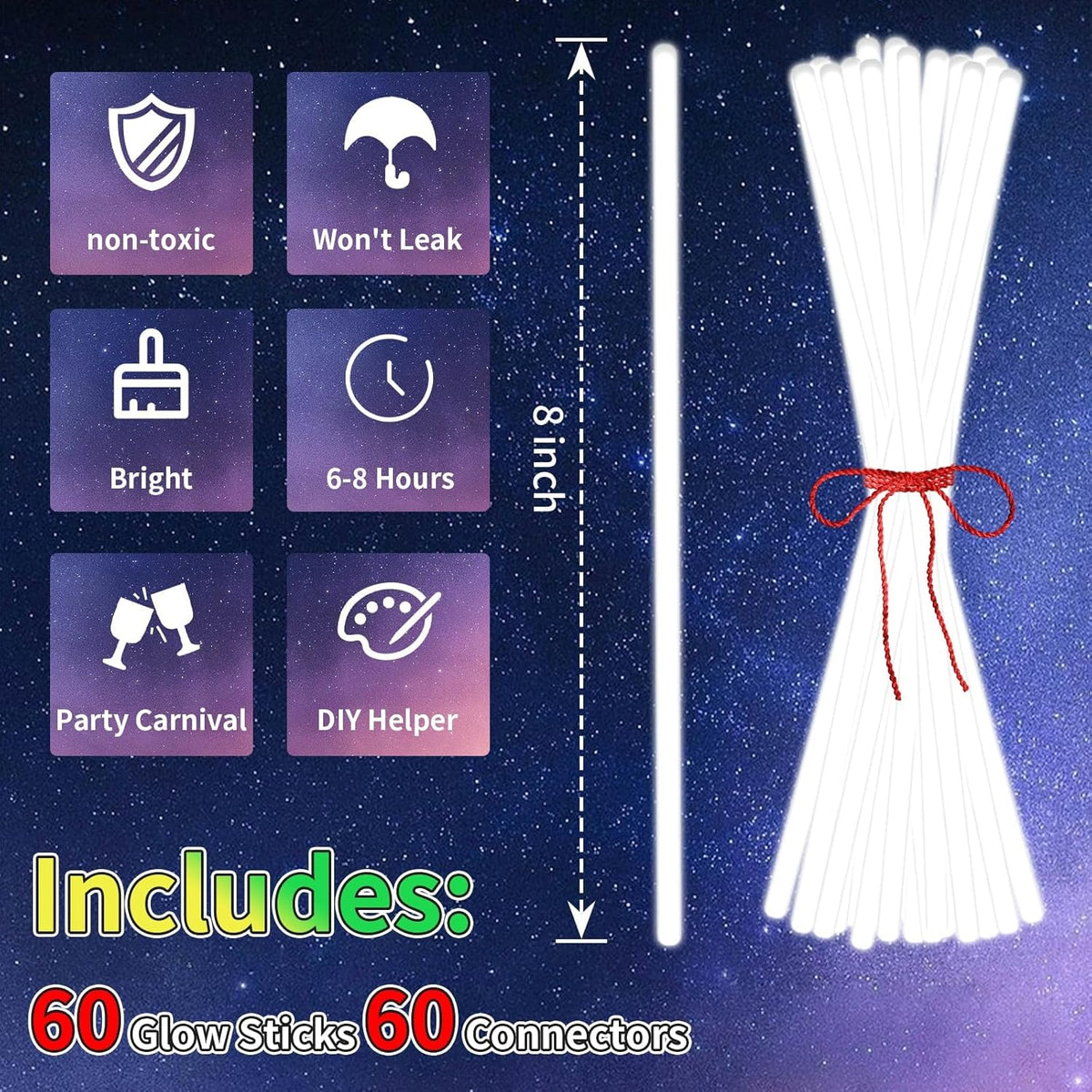 60 Pack 8” White Glow Sticks Bulk with 60 Connectors Neon Glow In The Dark Party favors Supplies