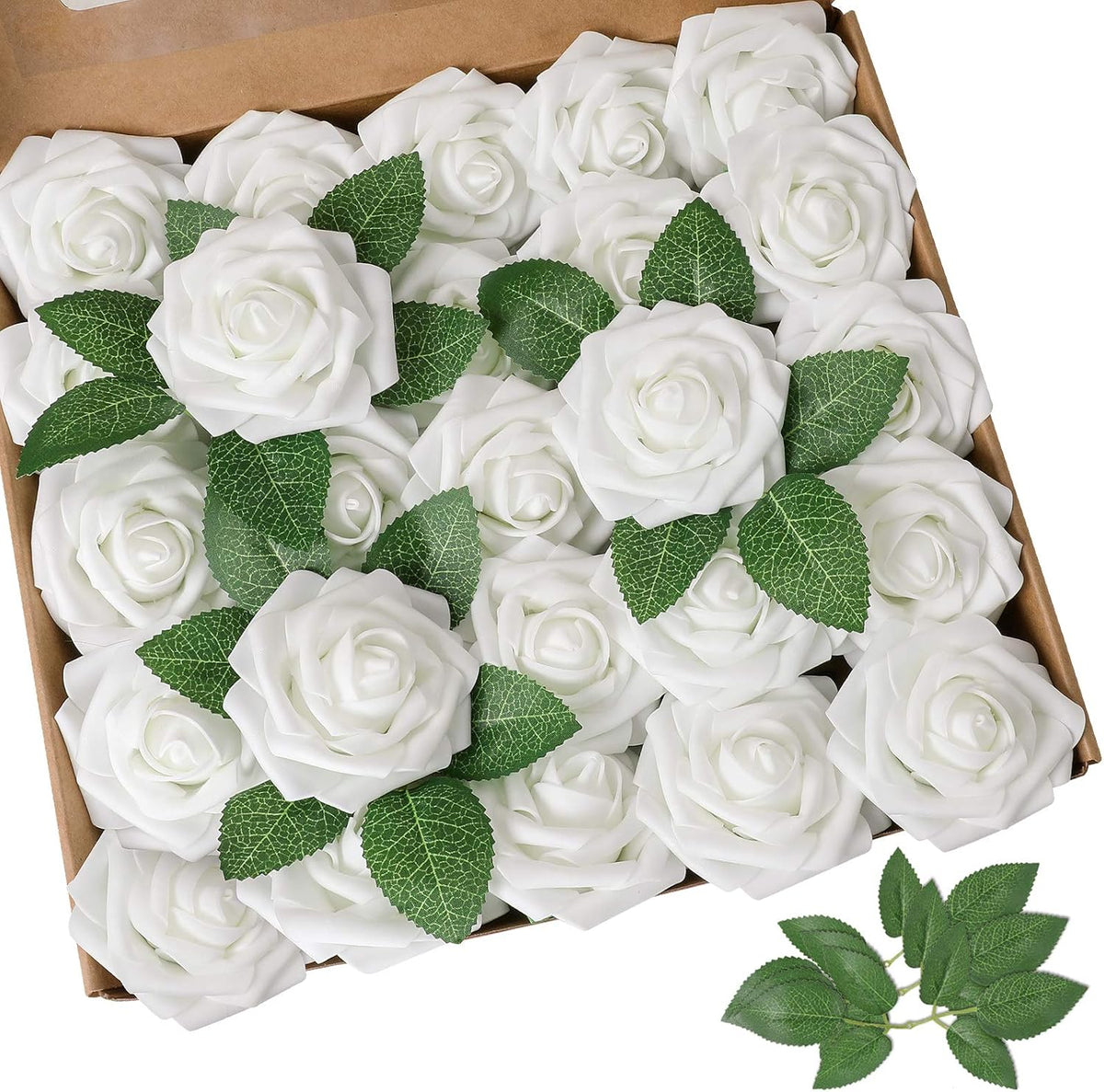 AmyHomie Artificial Flowers White Rose 100pcs Real Looking Fake Roses w/Stem for DIY Wedding
