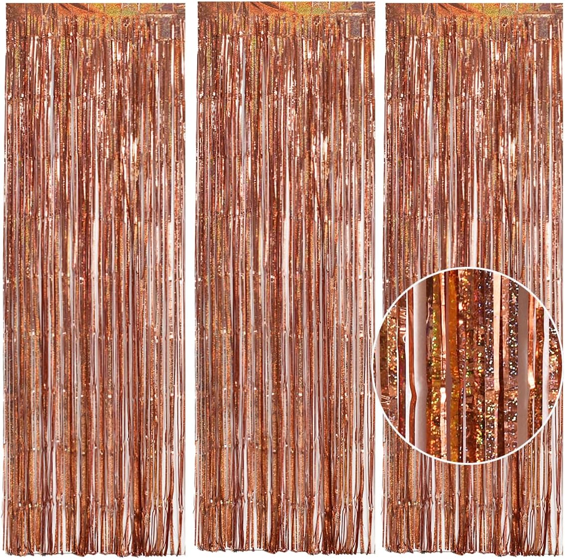 TONIFUL 3Pcs Laser Rose Gold Door Streamers,Laser Rose Gold Photo Booth Backdrop Metallic Streamers