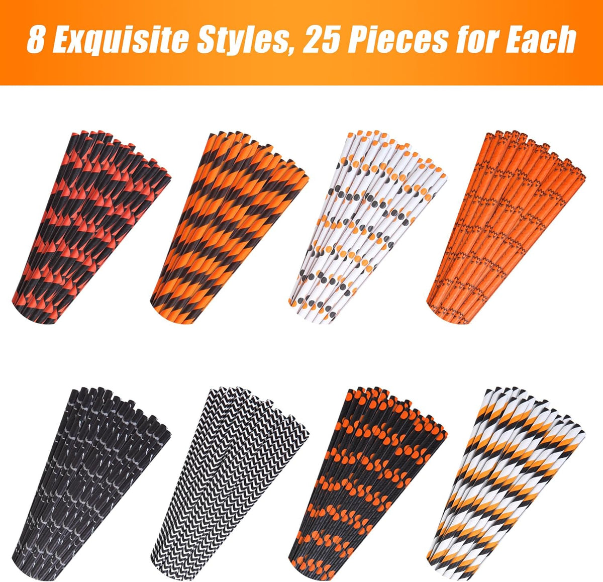 Cooraby 200 Pieces Halloween Paper Straws Pumpkin Bat Spider Web Pattern Straws Black Orange
