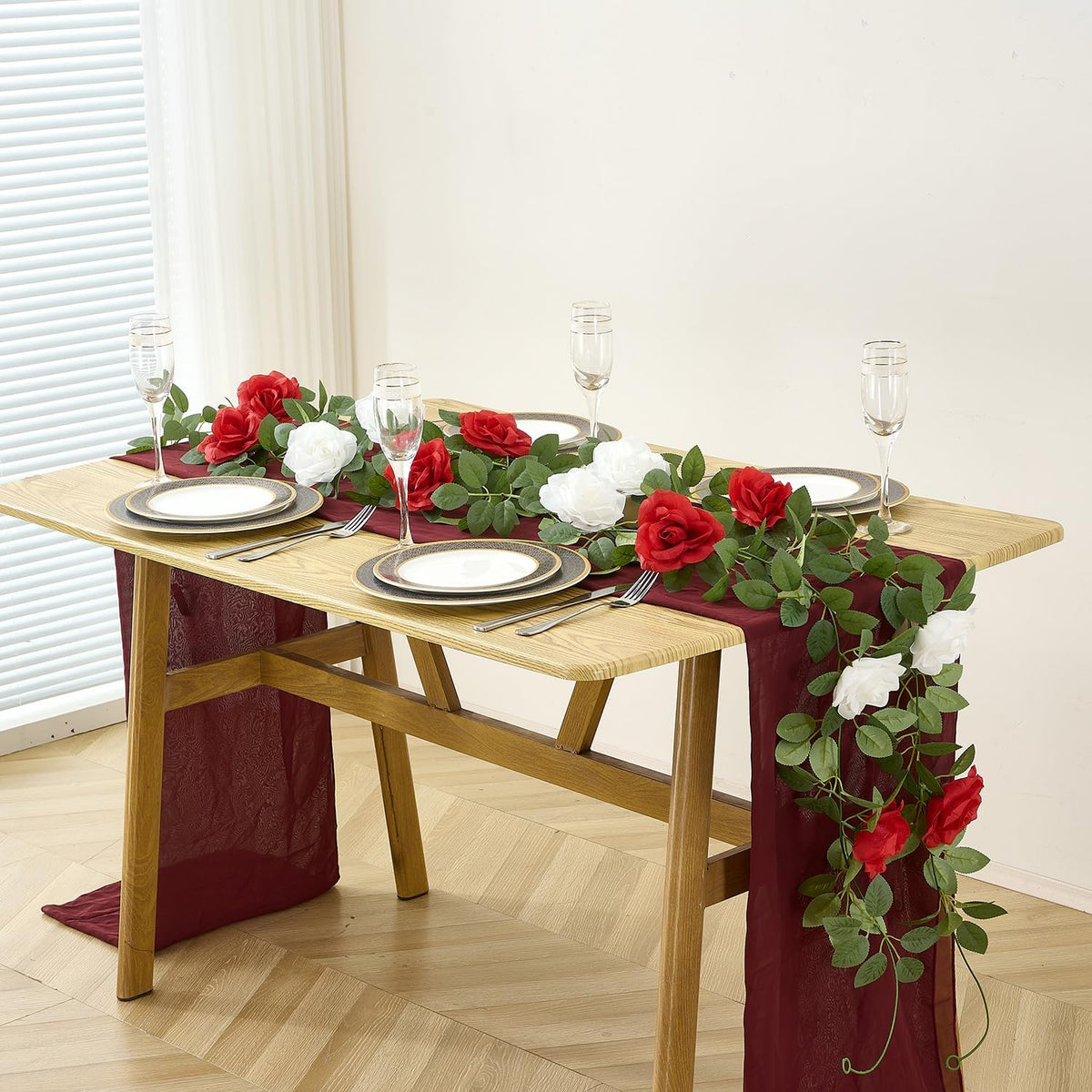 Artificial Rose Garlands Red Rose Vines Leaves Banners Hanging Floral Garland Fake Rose Flower Vine