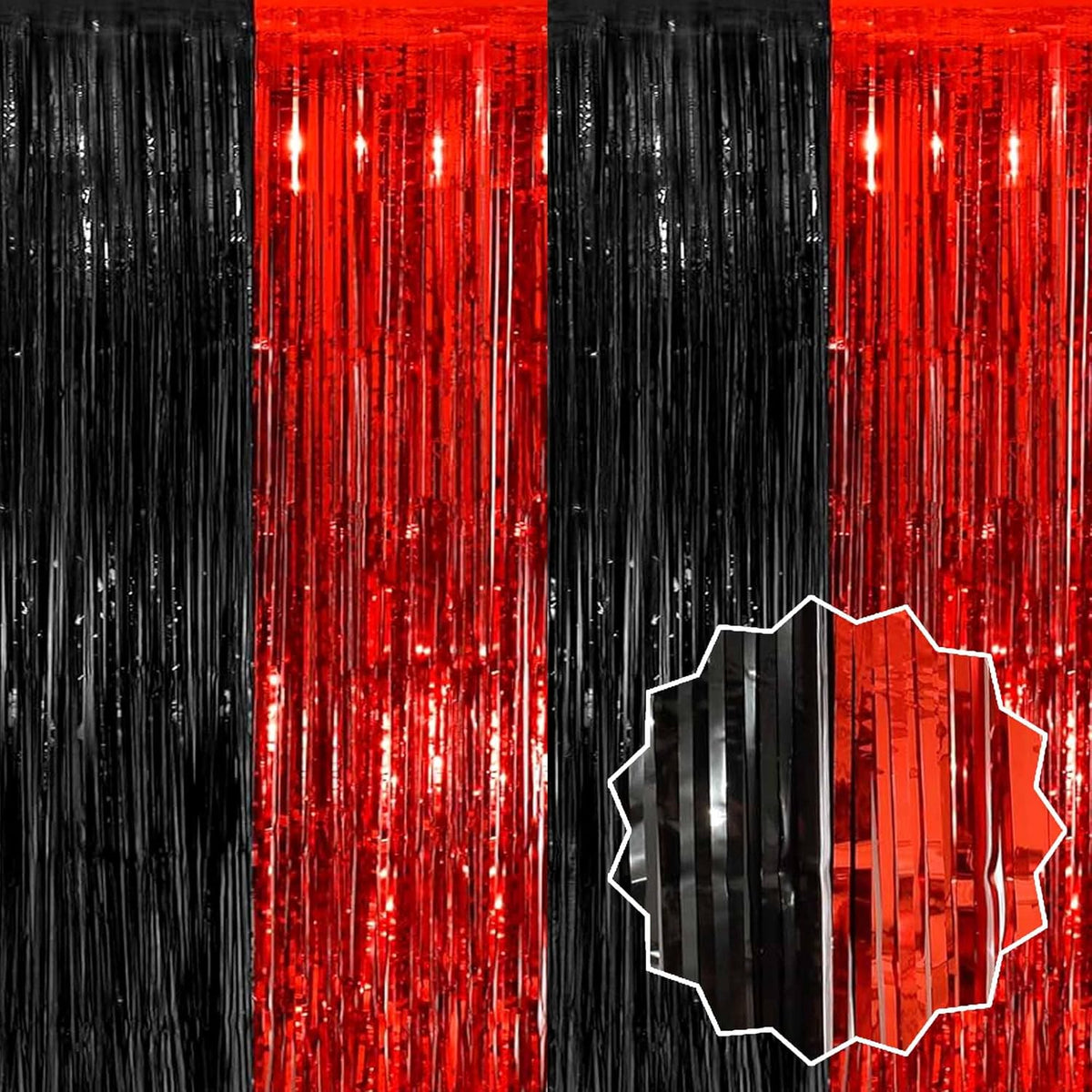 3 Pack Black and Red Foil Fringe Curtains Backdrop, 3.28 x 9.8 Ft Metallic Streamers Tinsel