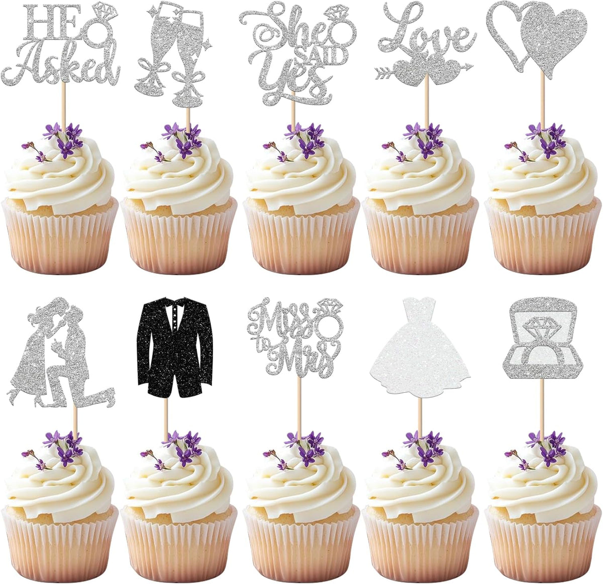 30 Pack Bride to be Cupcake Toppers Glitter Diamond Ring I Do Love Cupcake Picks Miss to Mrs He