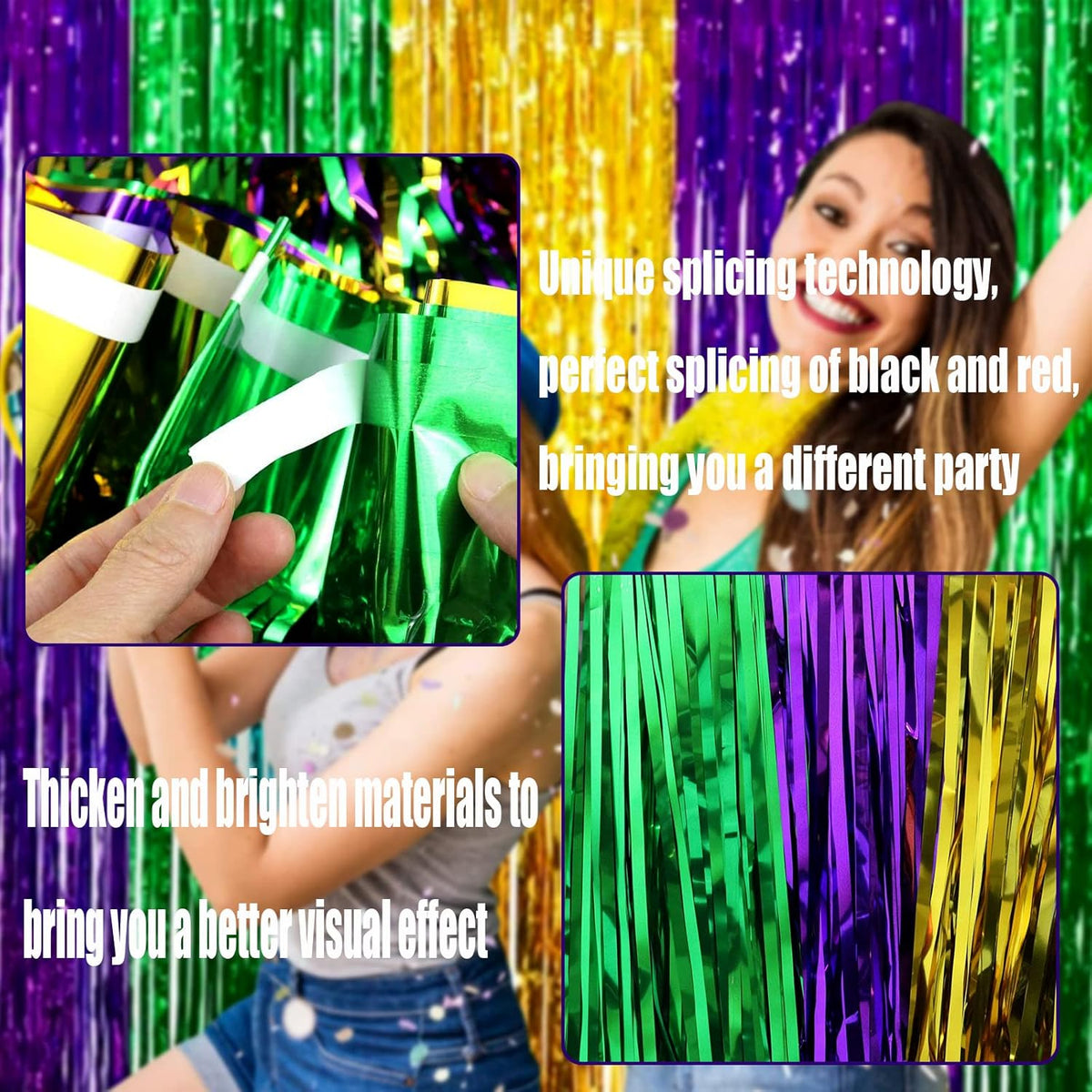 4 Pack Mardi Gras Foil Fringe Curtain Backdrop, 3.28Ft x 8.2Ft Gold Green Purple Metallic Tinsel