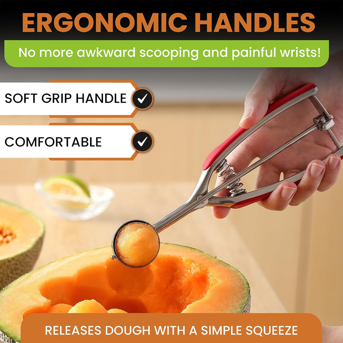 Spring Chef Red Small 1 Tbsp Stainless Steel Cookie Scoop for Baking - Multifunctional Melon Baller