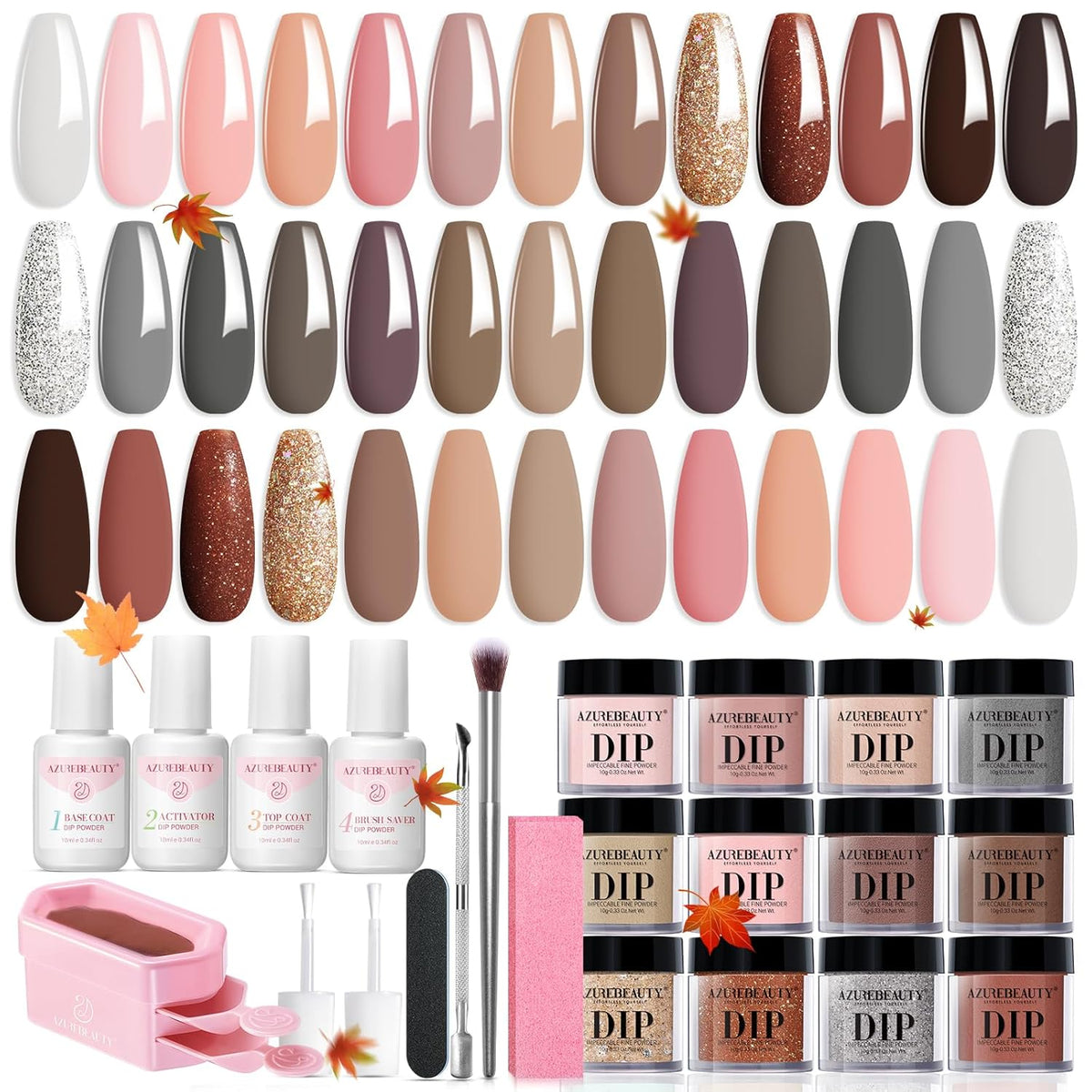 AZUREBEAUTY Dip Powder Nail Kit Classic Brown Nude Collection Glitter Fall 20 Colors Neutral