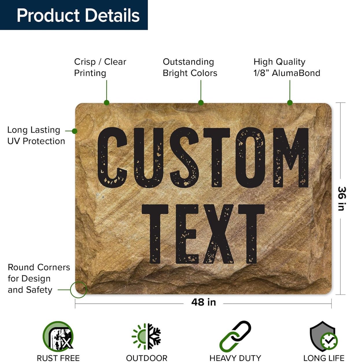 Custom Sign, Custom Street Sign, 11 Font Colors, 13 Font Styles, 4 Hole Options, 22 Sizes, 36x48