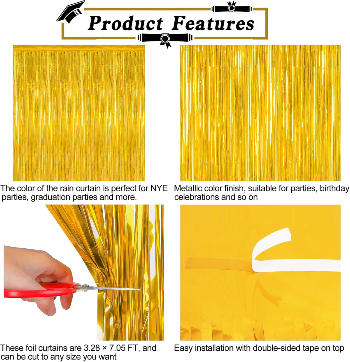4 Pack 2025 Graduation Party Decorations, 3.28 x 7.05 Feet Gold Grad Curtains, Metallic Gold