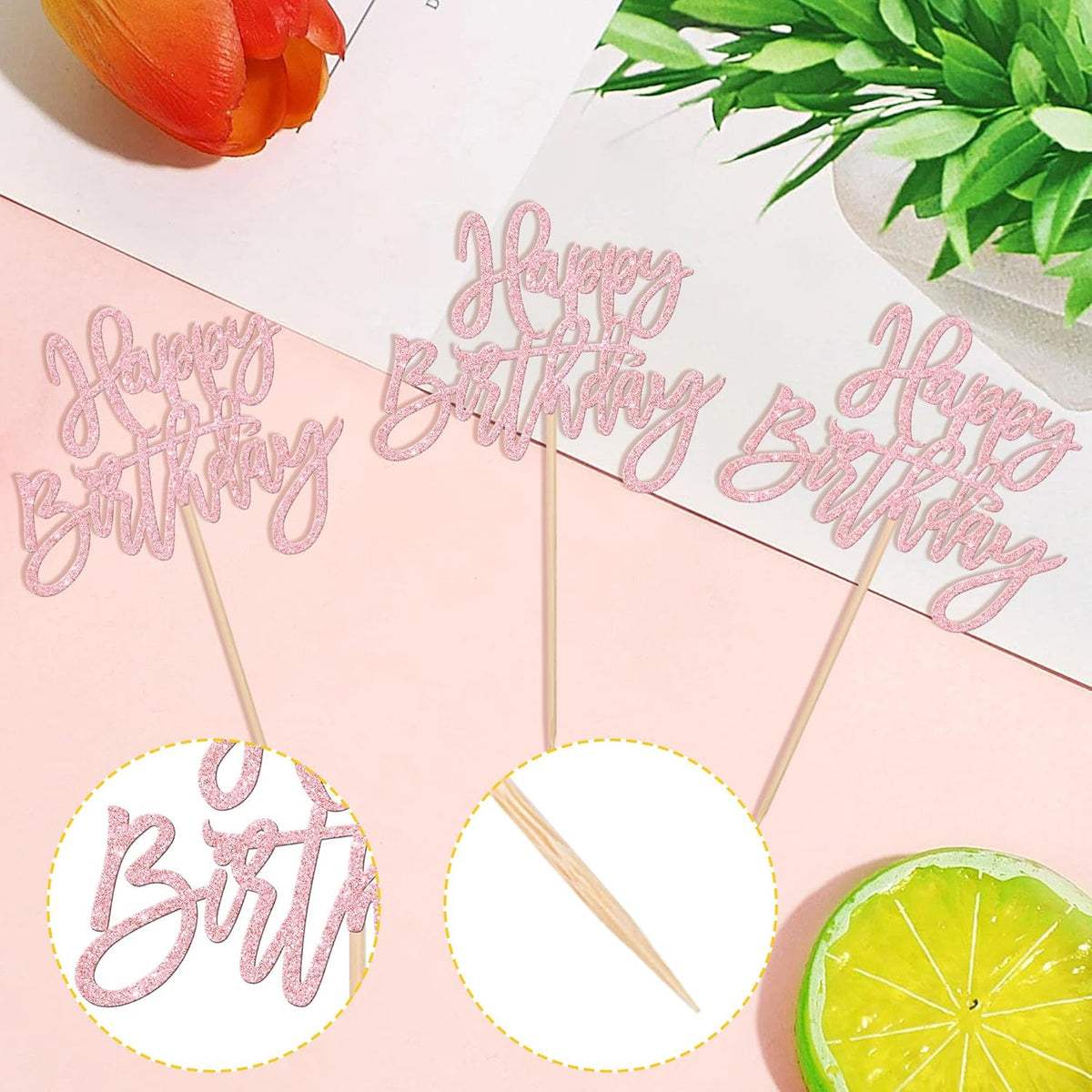 24 PCS Happy Birthday Cupcake Toppers Glitter Picks for Celebrating Anniversary Theme Party Cake